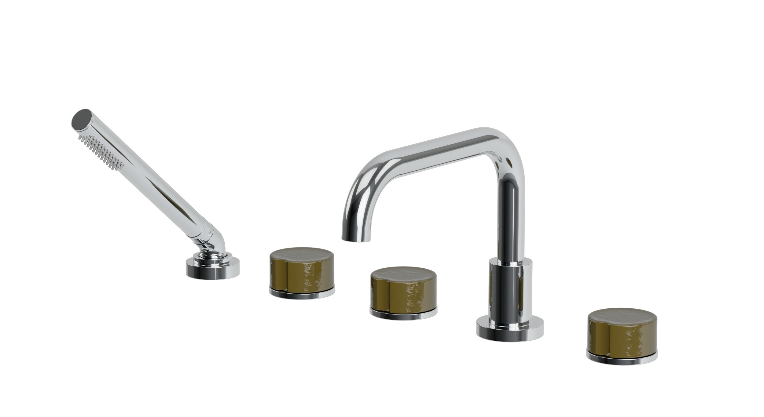 Foundry Three Handle Deck Mount Squaretop Bath Trim with Hand Shower and Groove Ceramic Knob Handles in Polished Chrome