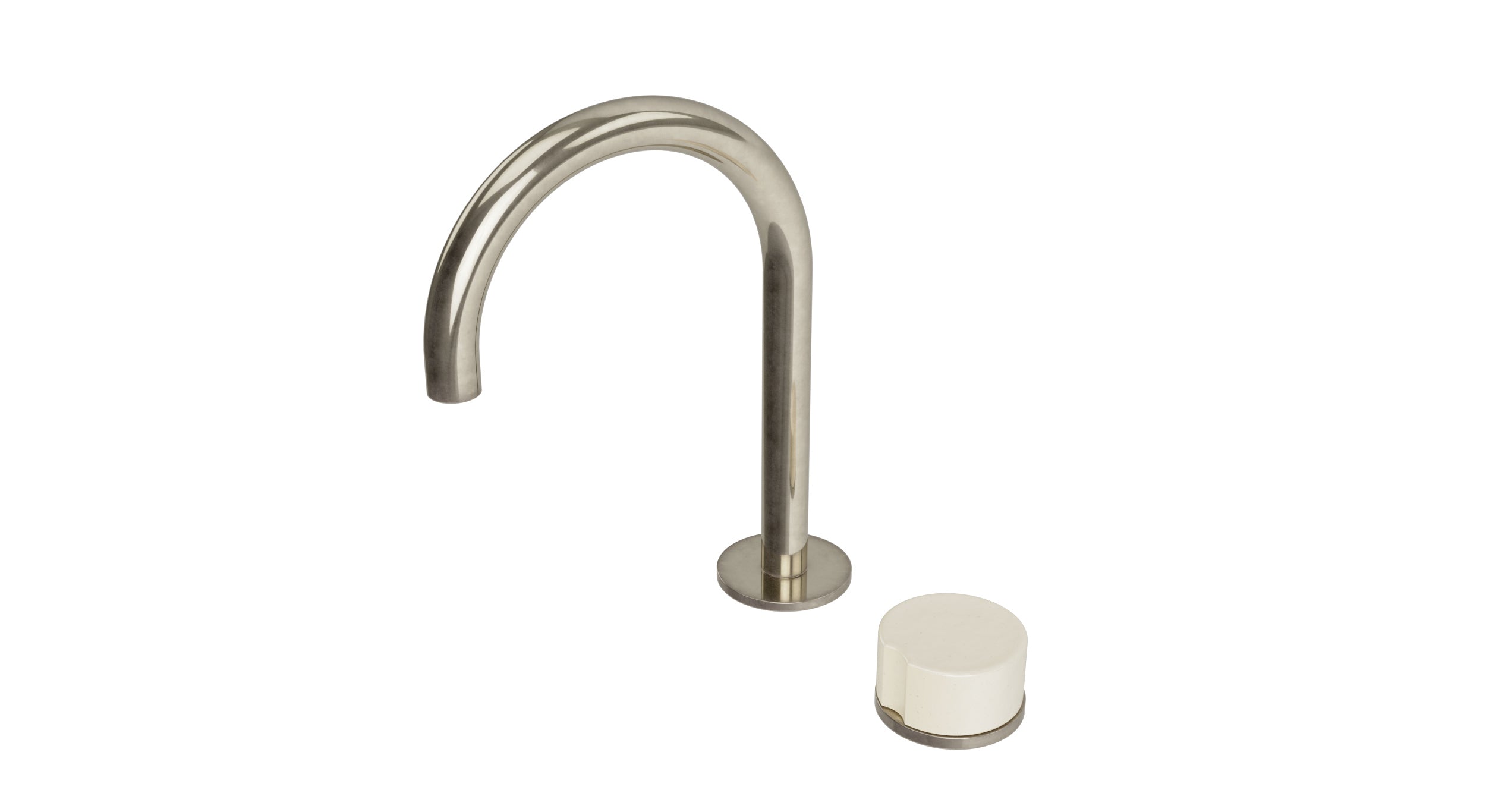 Foundry One Handle Deck Mount Gooseneck Lavatory Faucet with Groove Ceramic Knob Handle in French Nickel