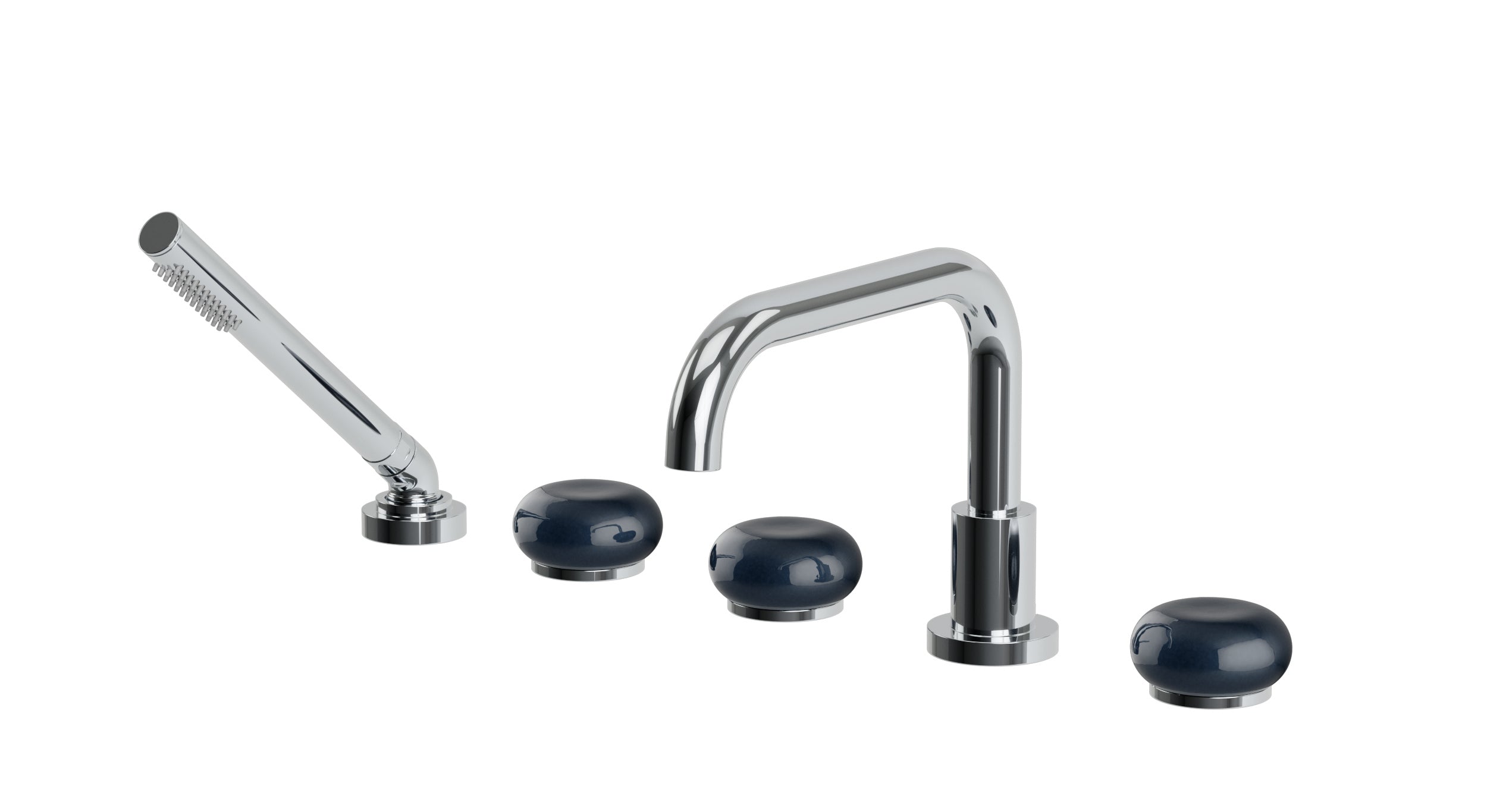 Foundry Three Handle Deck Mount Squaretop Bath Trim with Hand Shower and Pebble Ceramic Knob Handles in Polished Chrome