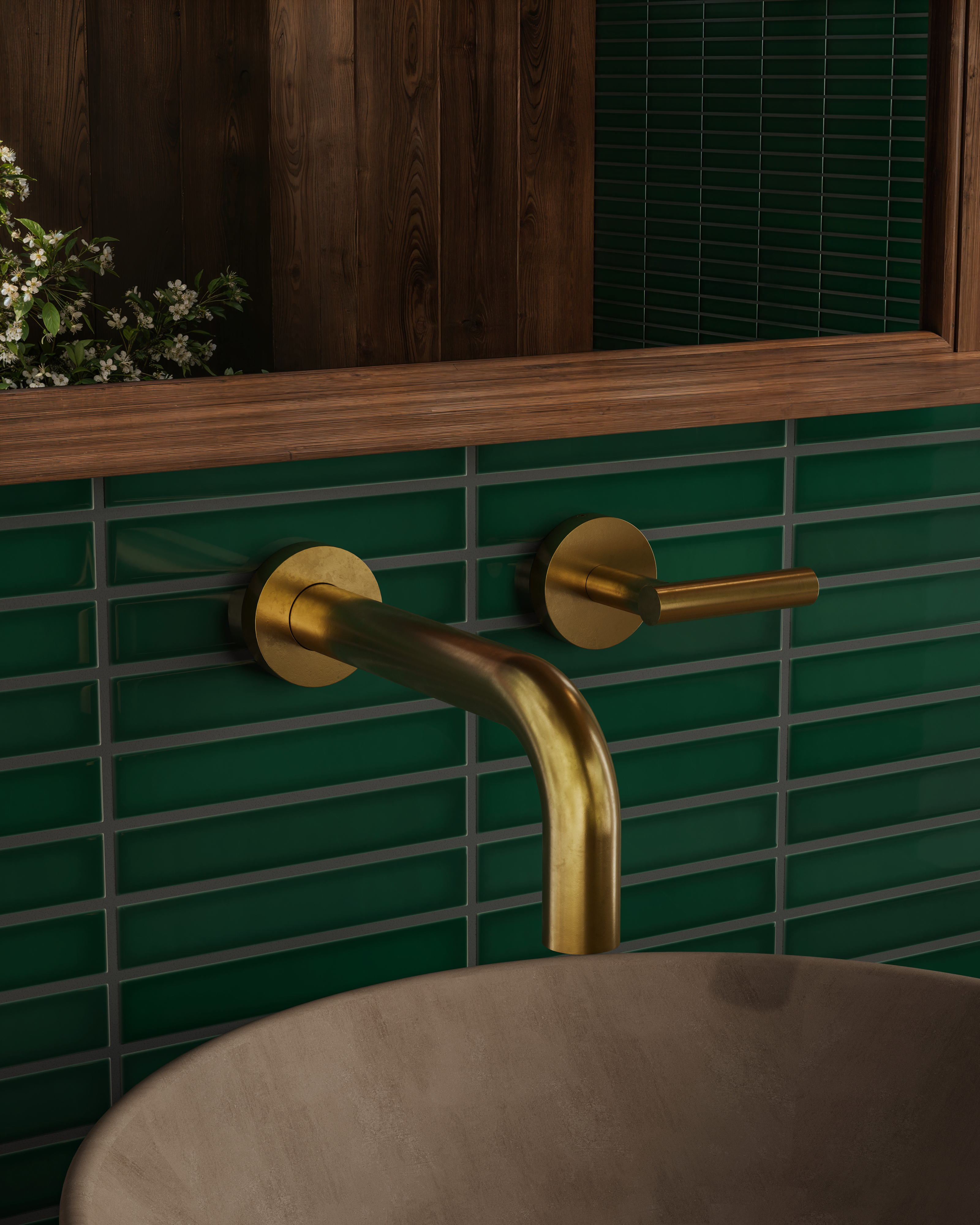 Contour One Handle Wall Mount 7.5" Lavatory Faucet with Soft Lever Handle in French Brass