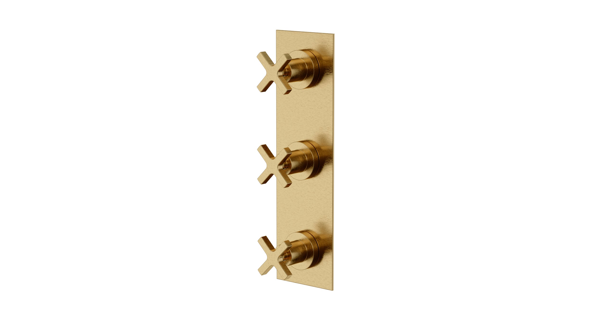 Flatiron Three Handle Wall Mount Shower Trim with Linear Cross Handles in Satin Brass