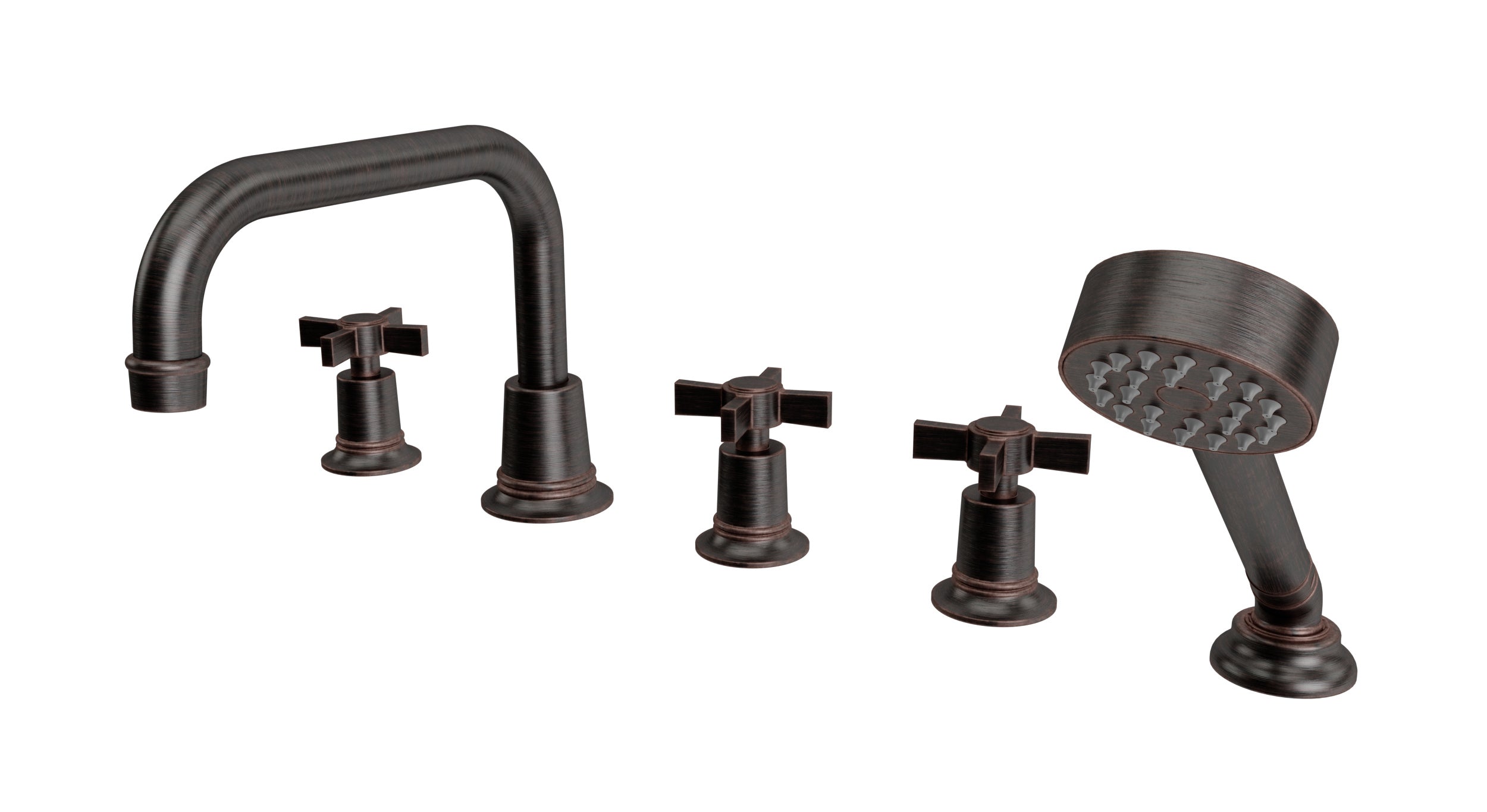 Emerson Three Handle Deck Mount Squaretop Bath Trim with Hand Shower and Defined Cross Handles in Antique Bronze