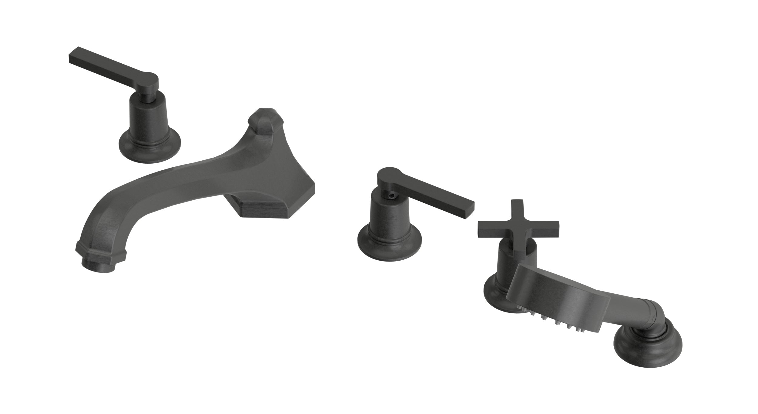 Emerson Three Handle Deck Mount Low Hexagon Bath Trim with Hand Shower and Classic Cross/Classic Lever Handles in Blackened Nickel