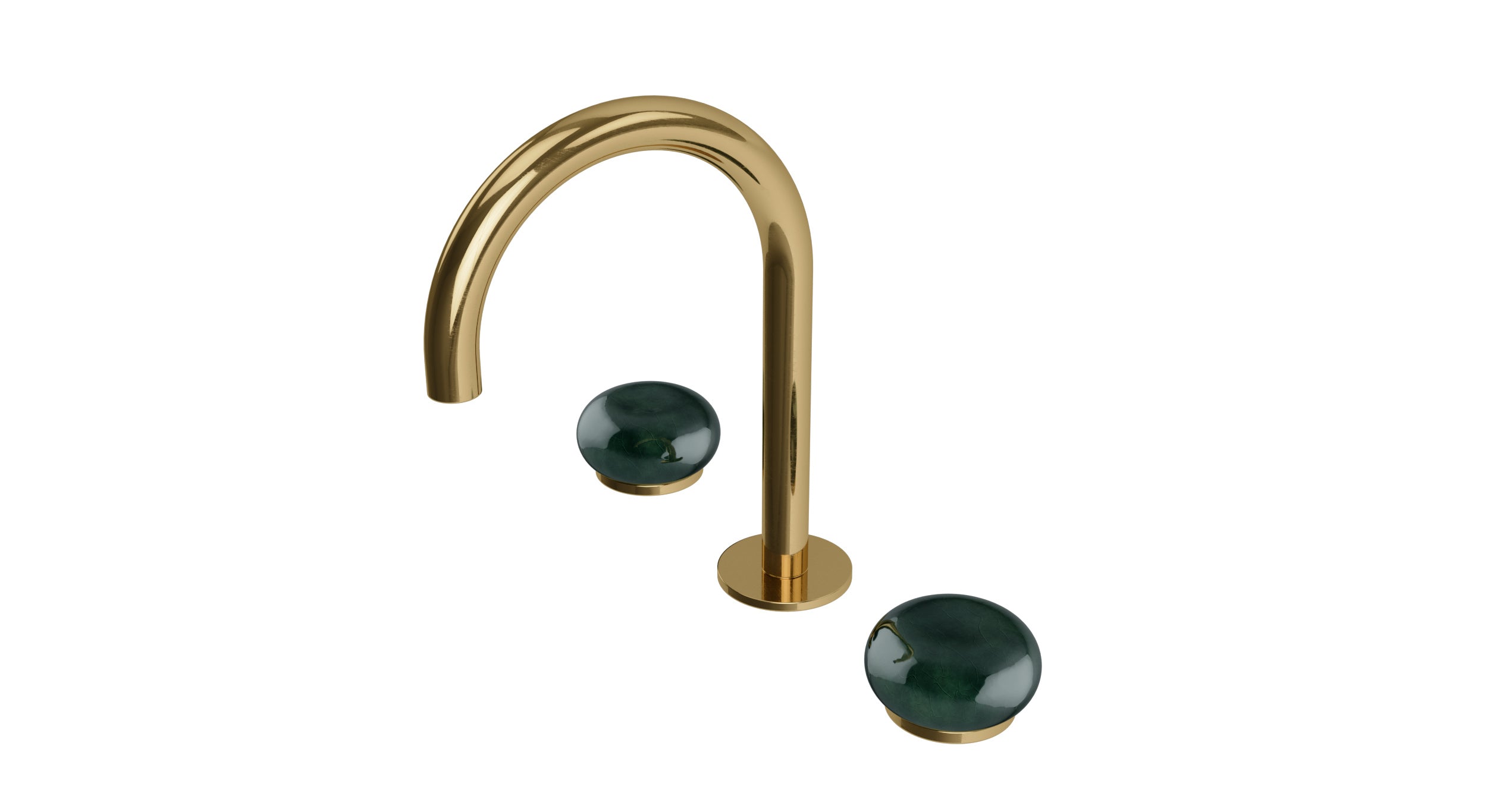 Foundry Two Handle Deck Mount Gooseneck Lavatory Faucet with Pebble Ceramic Knob Handles in Uncoated Polished Brass