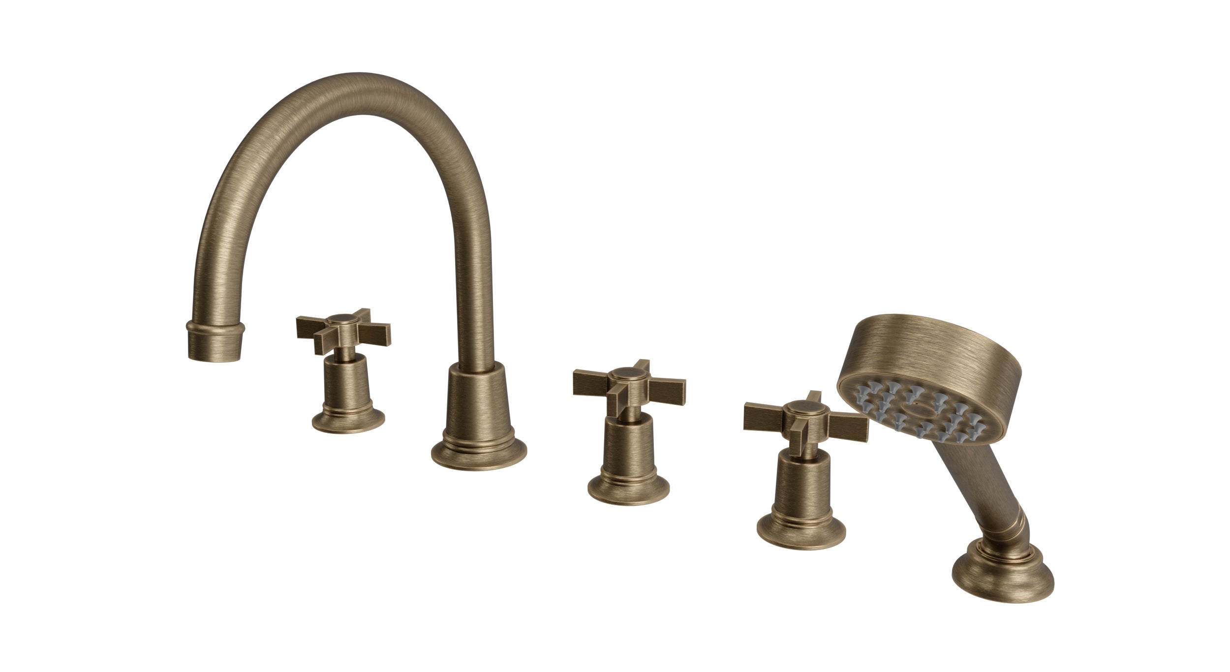Emerson Three Handle Deck Mount Gooseneck Bath Trim with Hand Shower and Defined Cross Handles in Antique Brass