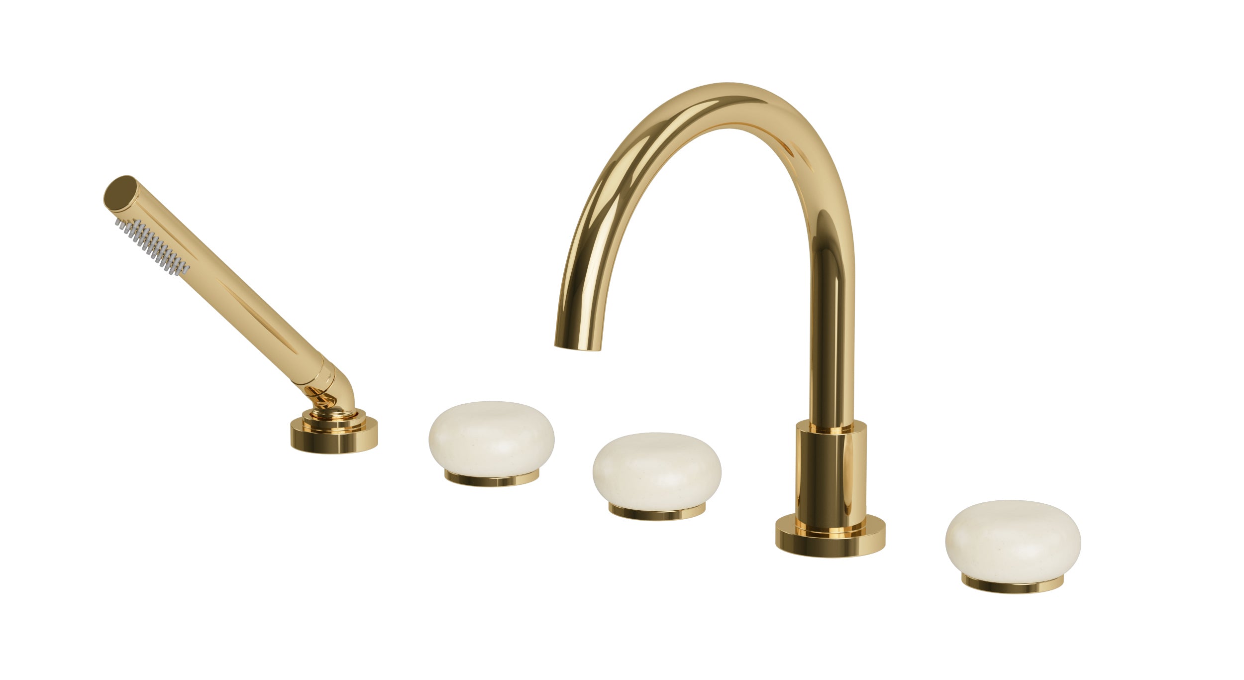 Foundry Three Handle Deck Mount Gooseneck Bath Trim with Hand Shower and Pebble Ceramic Knob Handles in Polished Brass