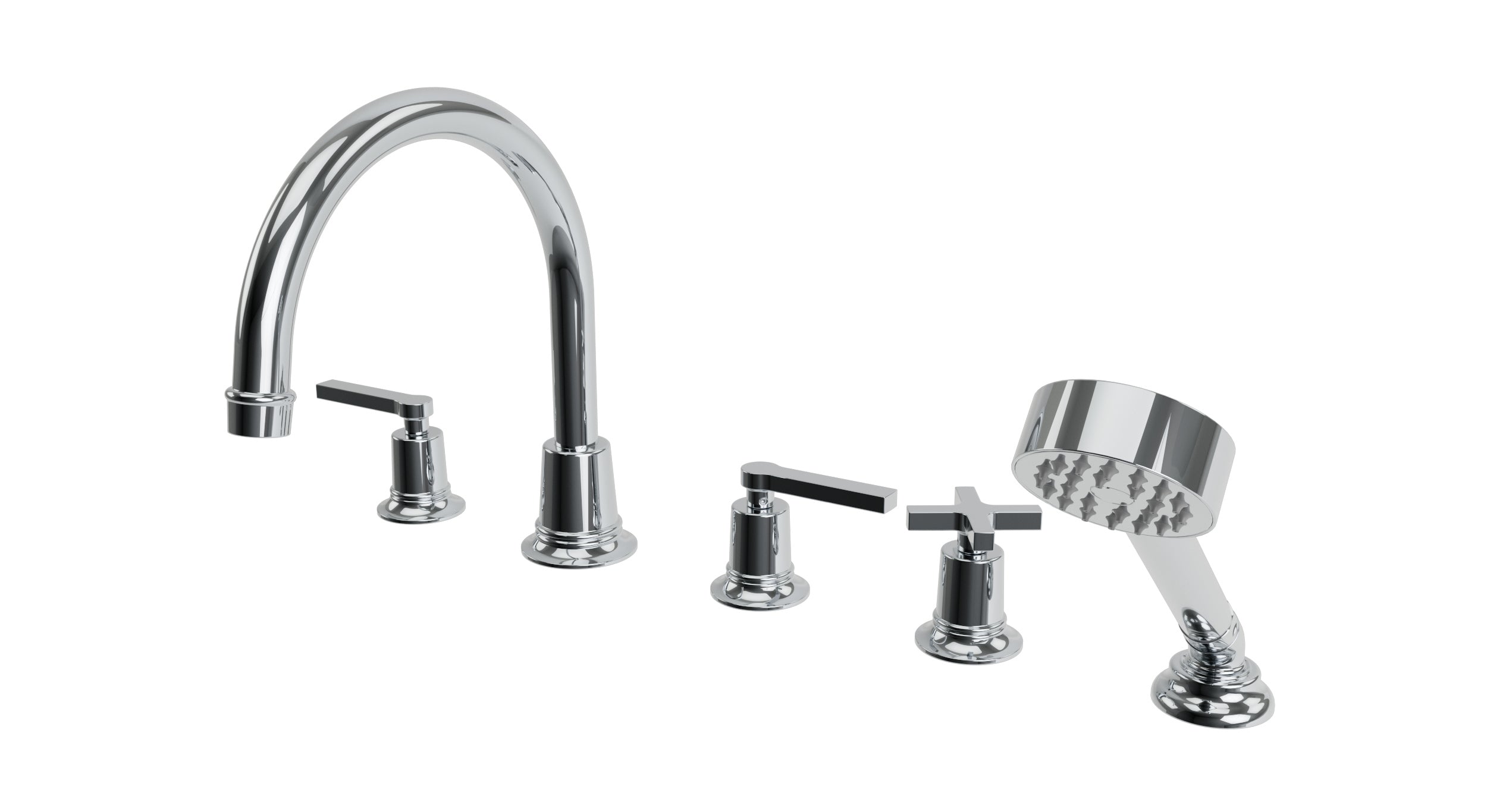 Emerson Three Handle Deck Mount Gooseneck Bath Trim with Hand Shower and Classic Cross/Classic Lever Handles
