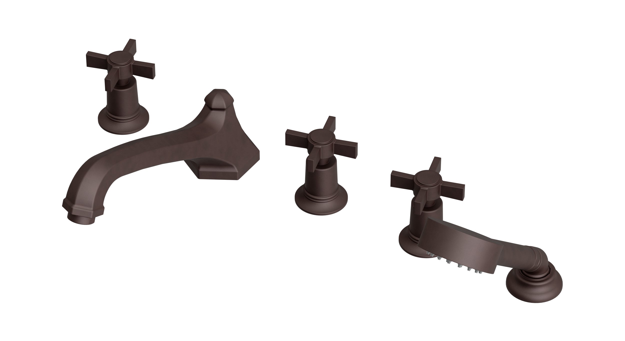 Emerson Three Handle Deck Mount Low Hexagon Bath Trim with Hand Shower and Defined Cross Handles in Architectural Copper