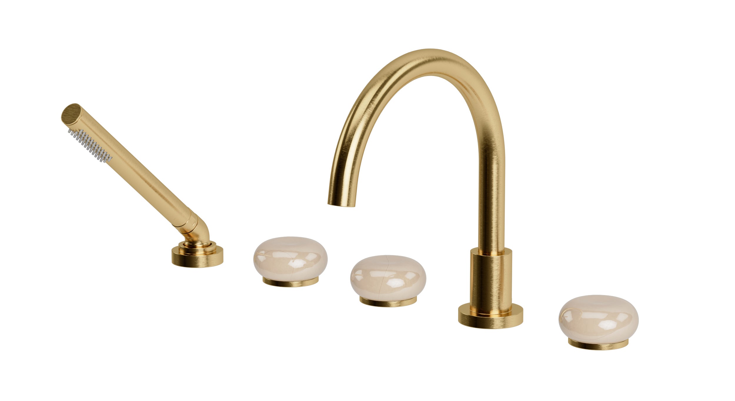 Foundry Three Handle Deck Mount Gooseneck Bath Trim with Hand Shower and Pebble Ceramic Knob Handles in Satin Brass