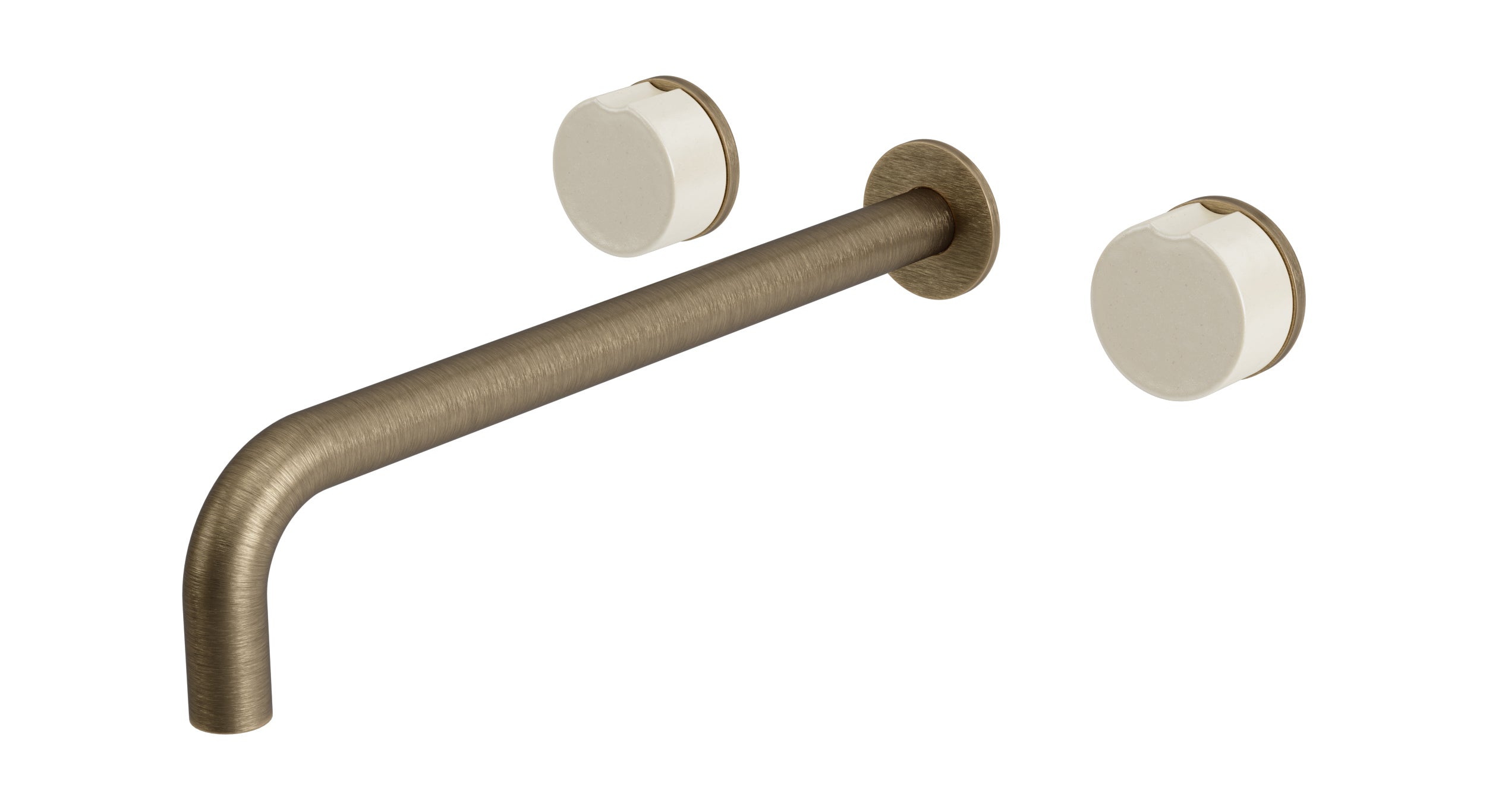 Foundry Two Handle Wall Mount 12" Lavatory Faucet with Groove Ceramic Knob Handles in Antique Brass