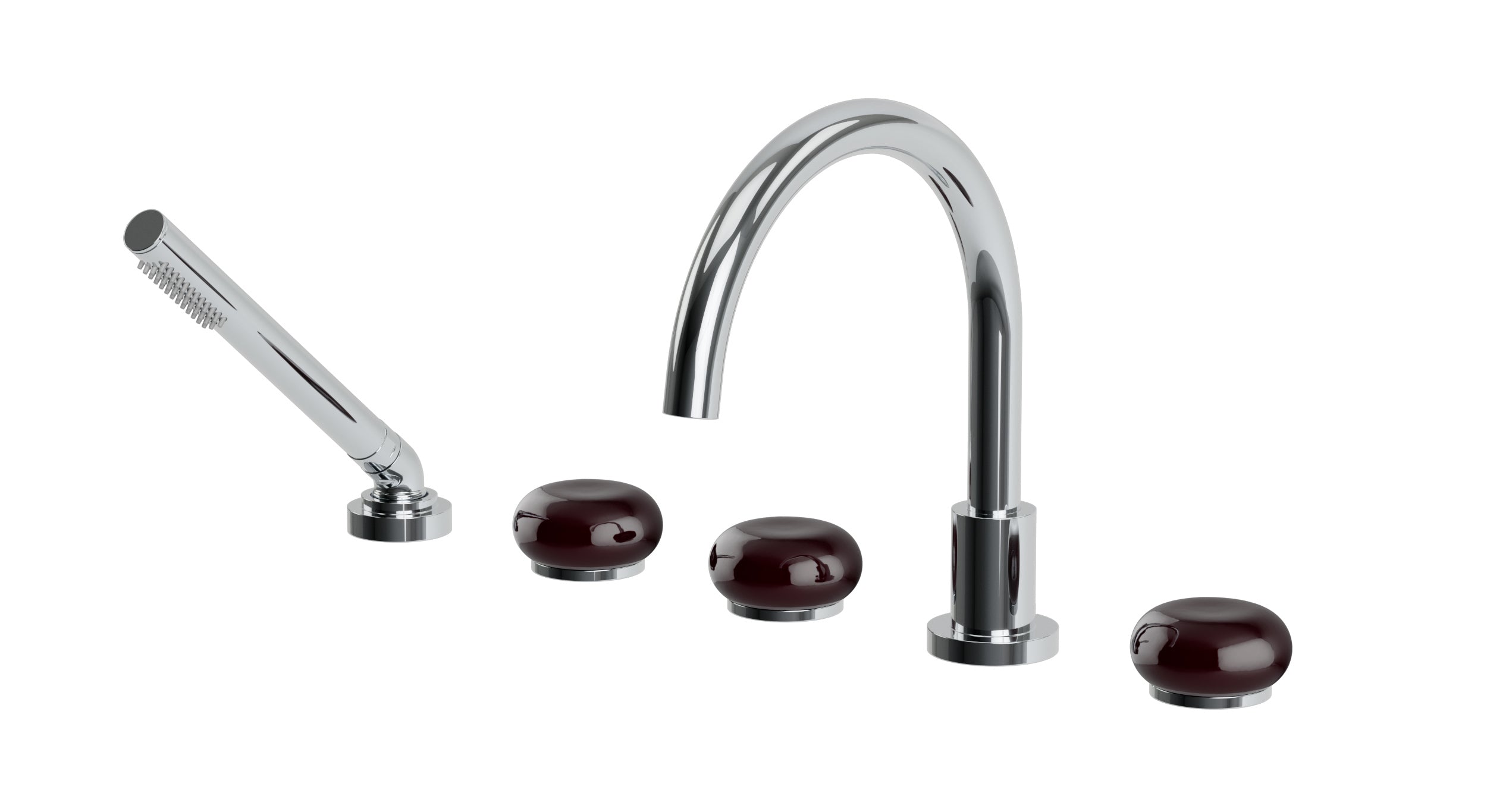 Foundry Three Handle Deck Mount Gooseneck Bath Trim with Hand Shower and Pebble Ceramic Knob Handles in Polished Chrome