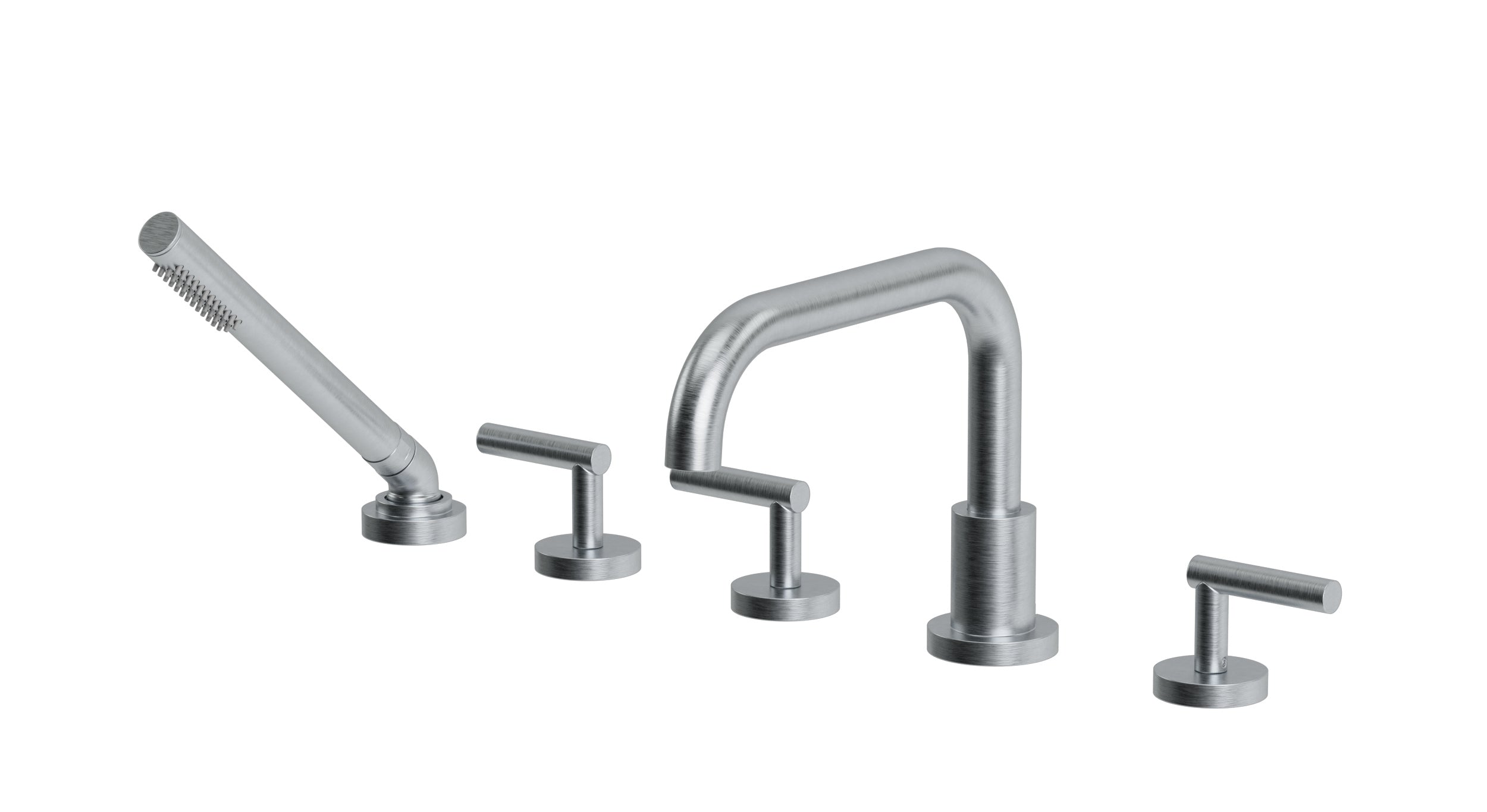 Contour Three Handle Deck Mount Squaretop Bath Trim with Hand Shower and Soft Lever Handles in Satin Chrome