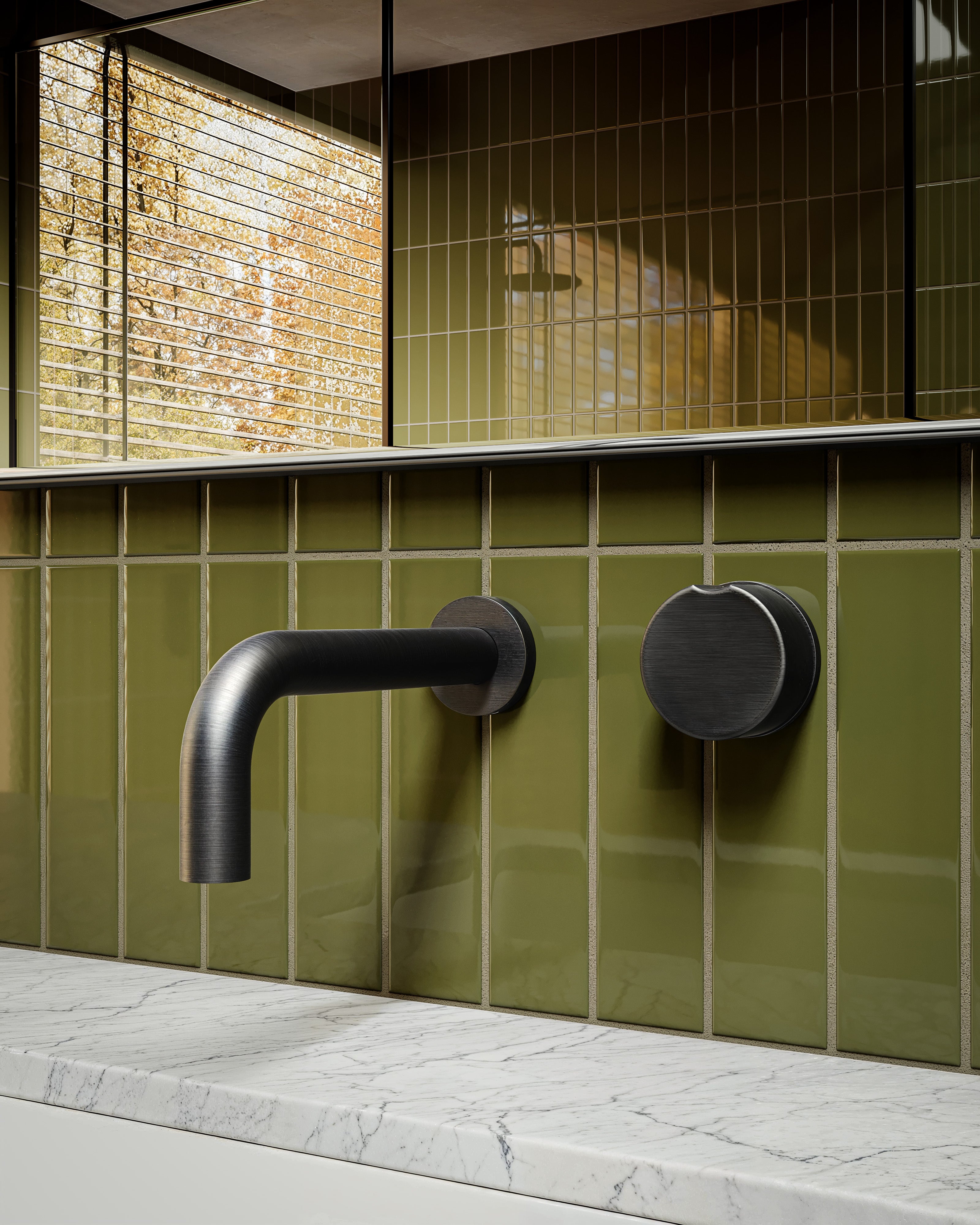 Foundry One Handle Wall Mount 7.5" Lavatory Faucet with Barrel Knob Handle in Blackened Nickel