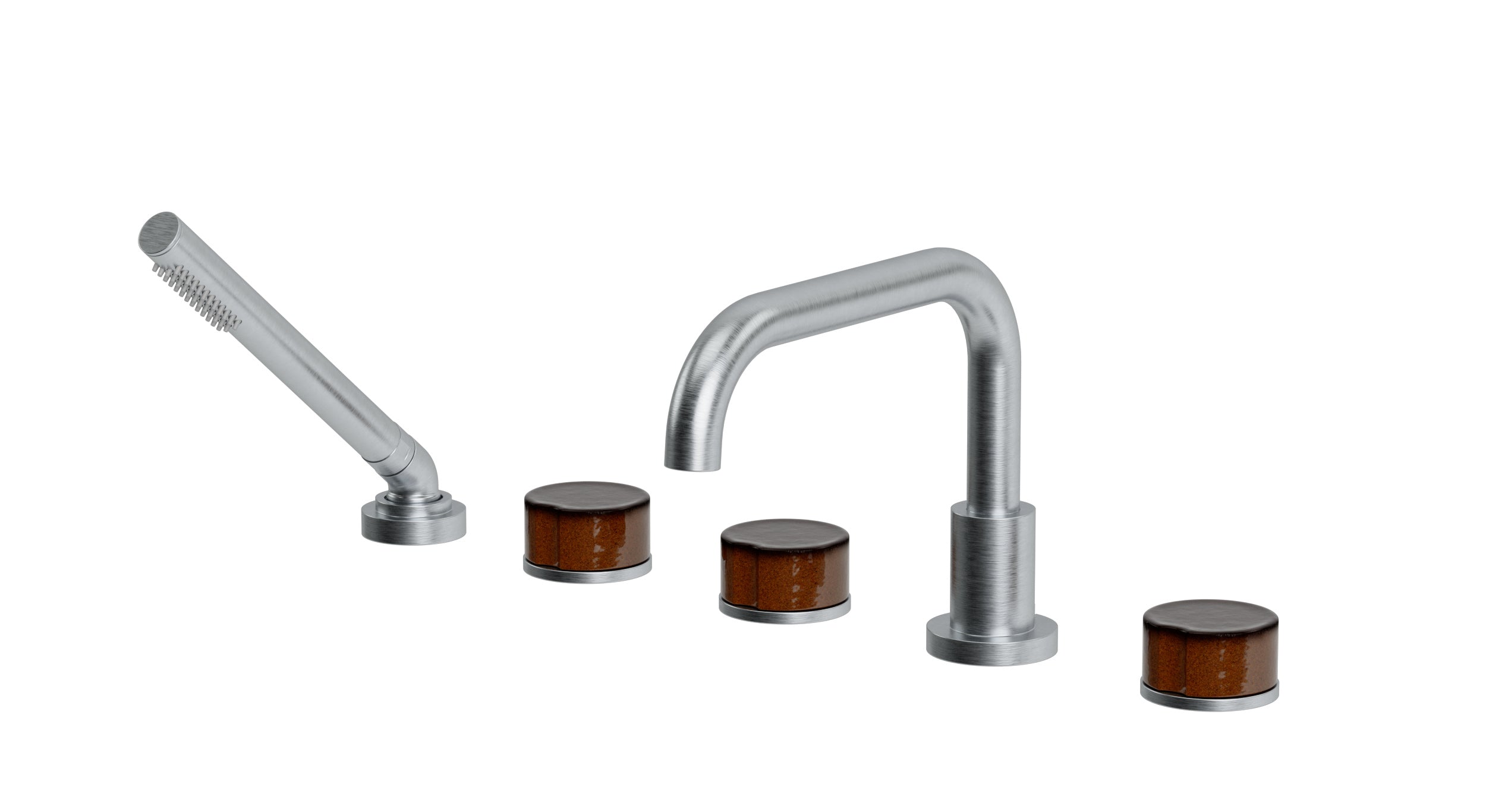 Foundry Three Handle Deck Mount Squaretop Bath Trim with Hand Shower and Groove Ceramic Knob Handles in Satin Chrome