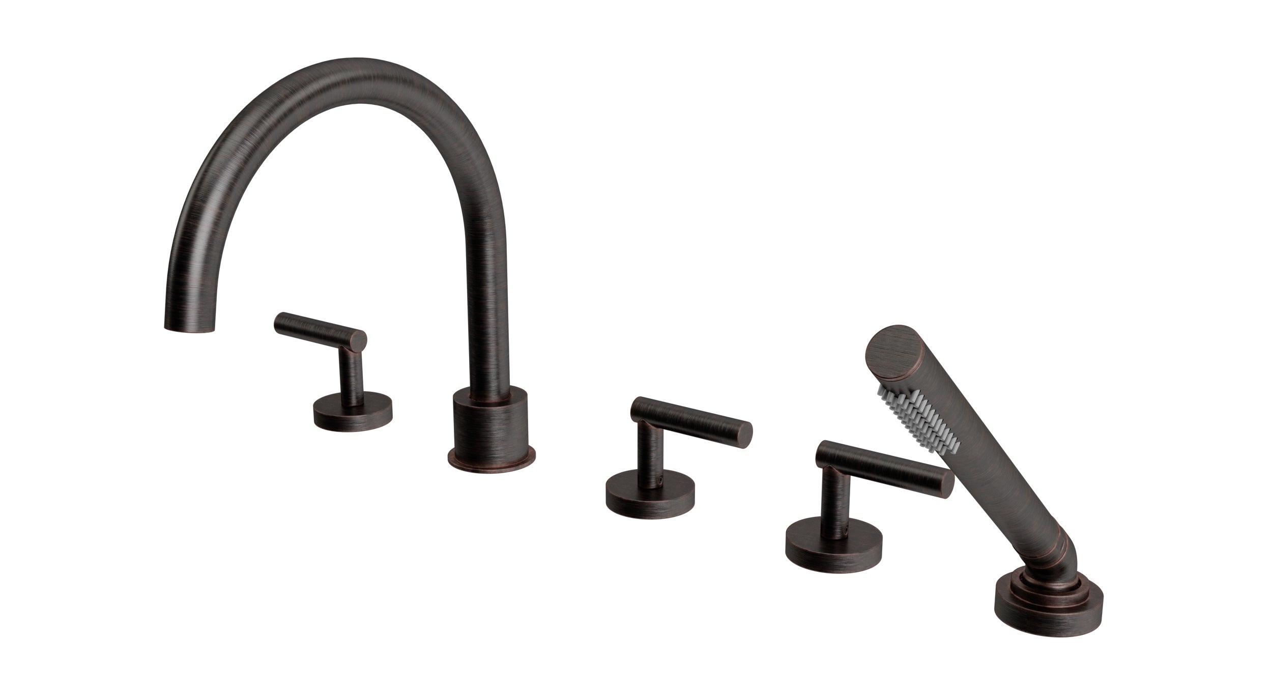 Contour Three Handle Deck Mount Gooseneck Bath Trim with Hand Shower and Soft Lever Handles in Antique Bronze