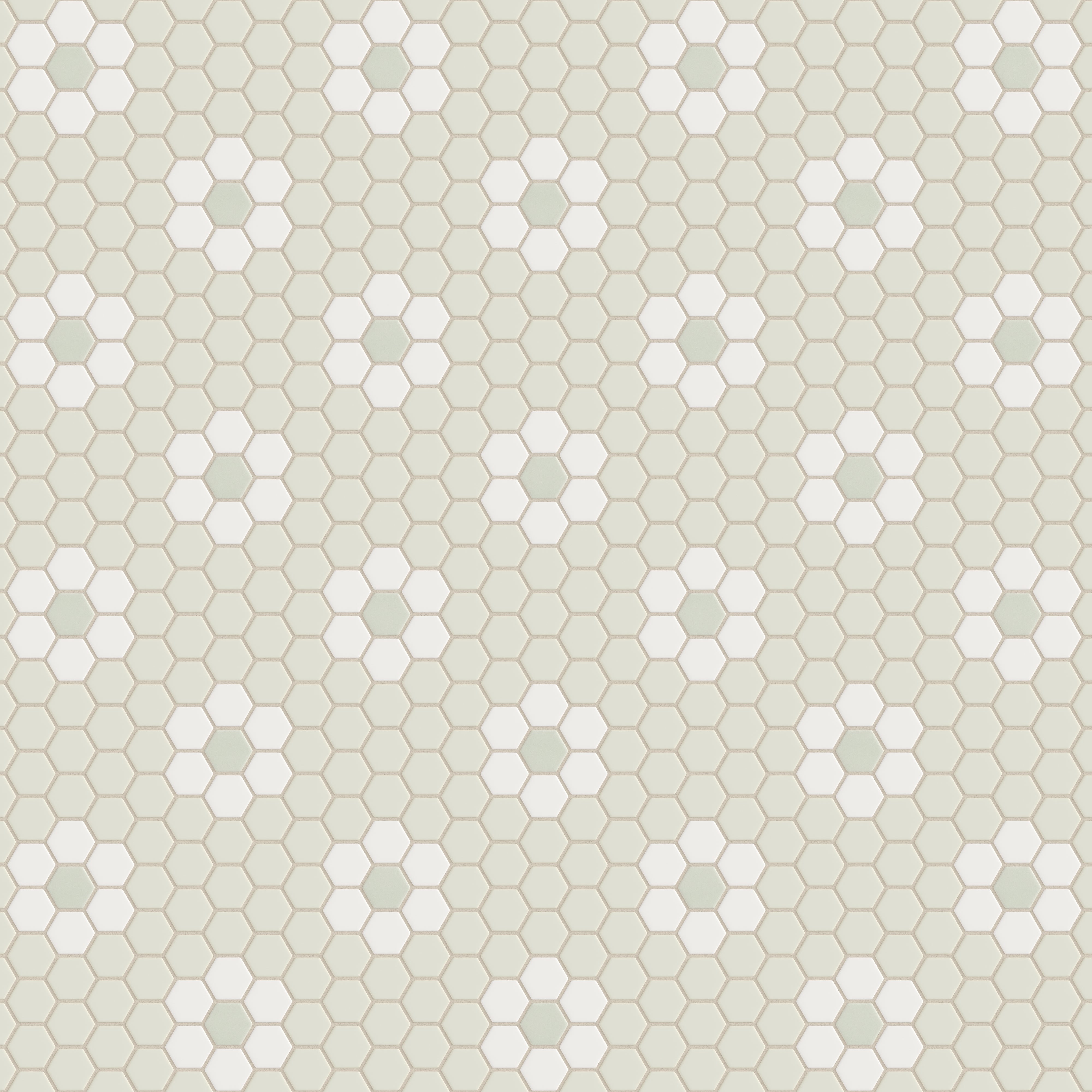 2" Hexagon Double Daisy Sheeted Original Ceramic Tile in Limewash Matte, Calcite Matte & Overcast Matte