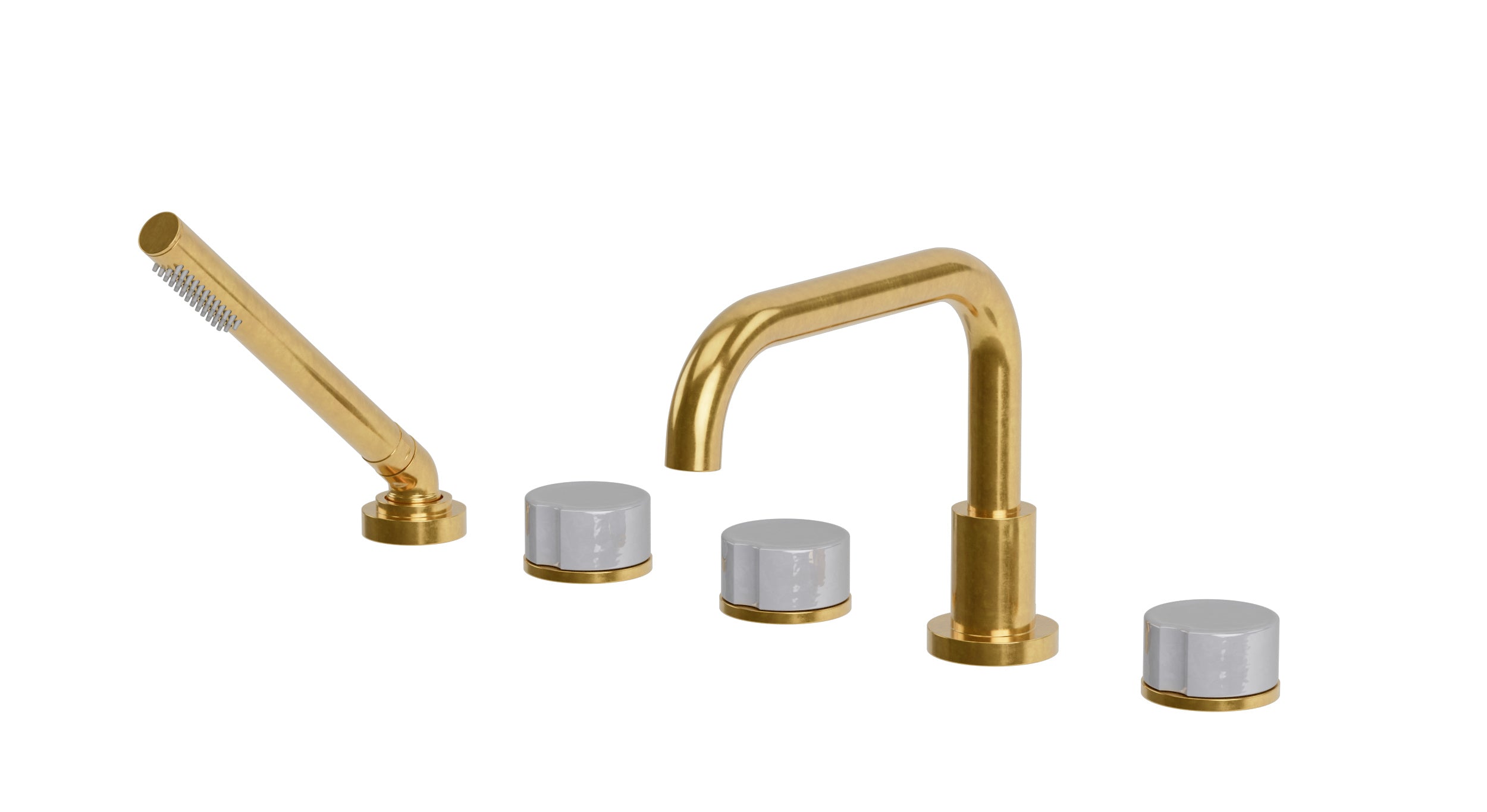 Foundry Three Handle Deck Mount Squaretop Bath Trim with Hand Shower and Groove Ceramic Knob Handles in French Brass