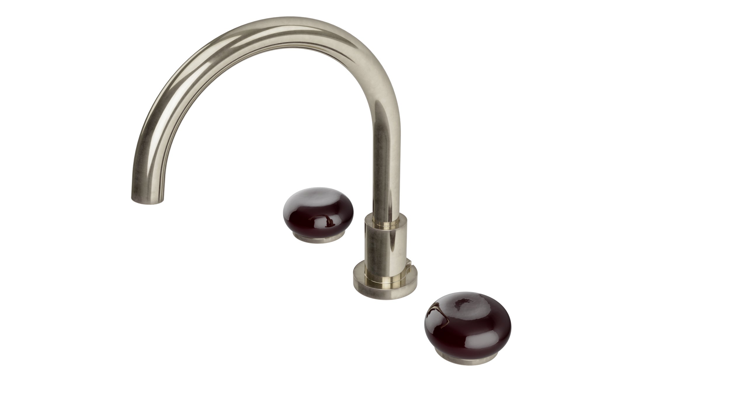 Foundry Two Handle Deck Mount Gooseneck Bath Trim with Pebble Ceramic Knob Handles in French Nickel