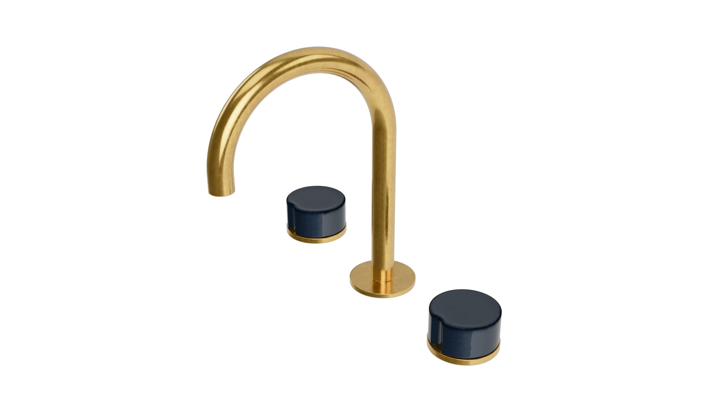 Foundry Two Handle Deck Mount Gooseneck Lavatory Faucet with Groove Ceramic Knob Handles in French Brass