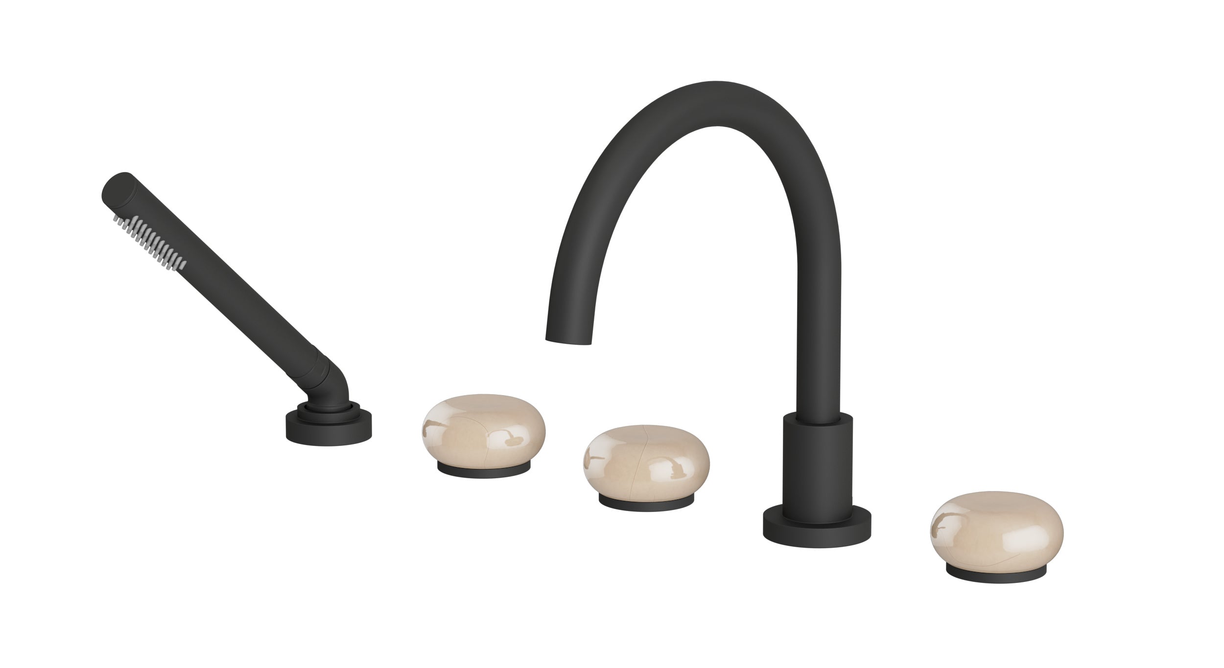 Foundry Three Handle Deck Mount Gooseneck Bath Trim with Hand Shower and Pebble Ceramic Knob Handles in Matte Black