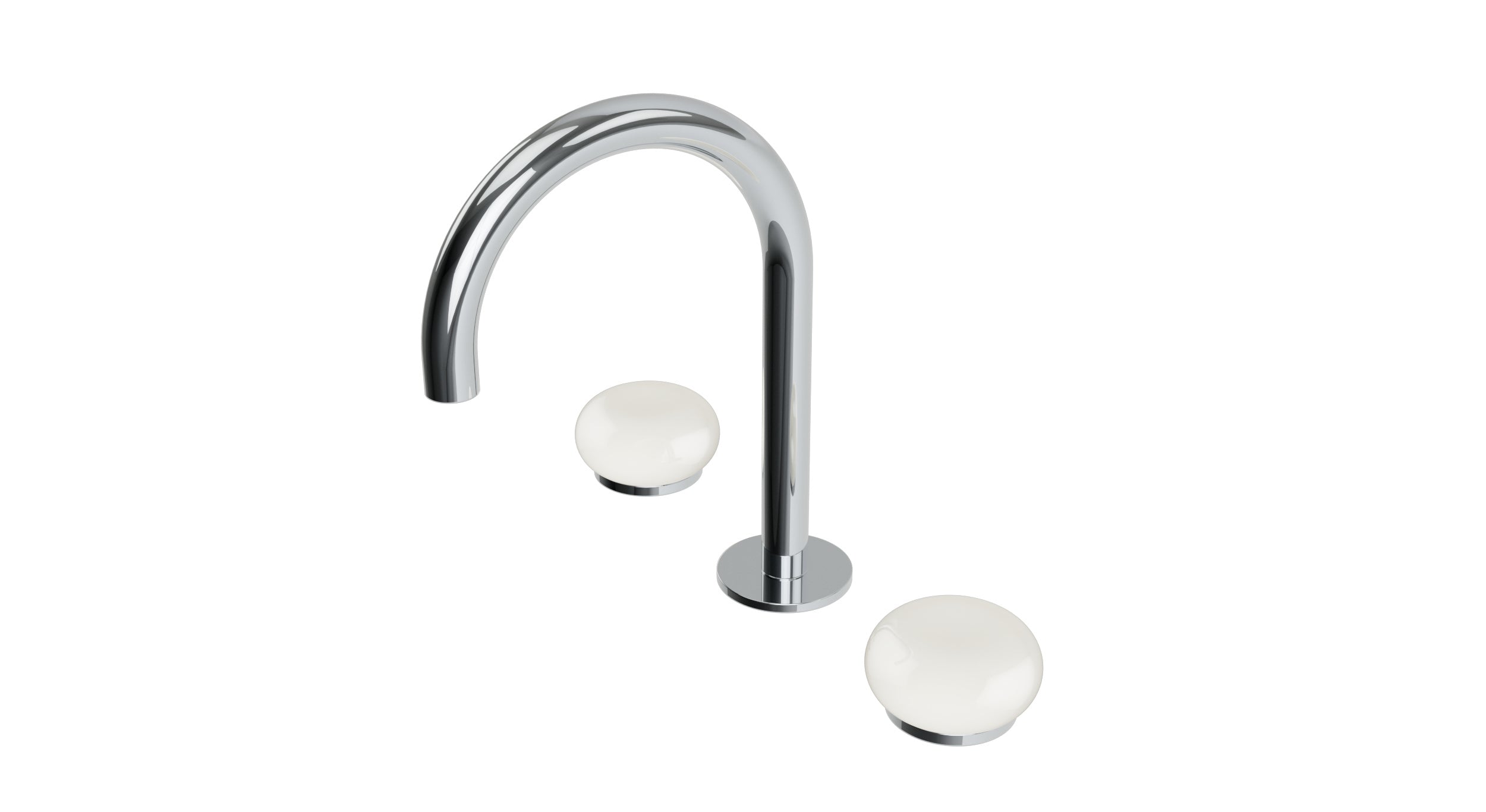 Foundry Two Handle Deck Mount Gooseneck Lavatory Faucet with Pebble Ceramic Knob Handles in Polished Chrome