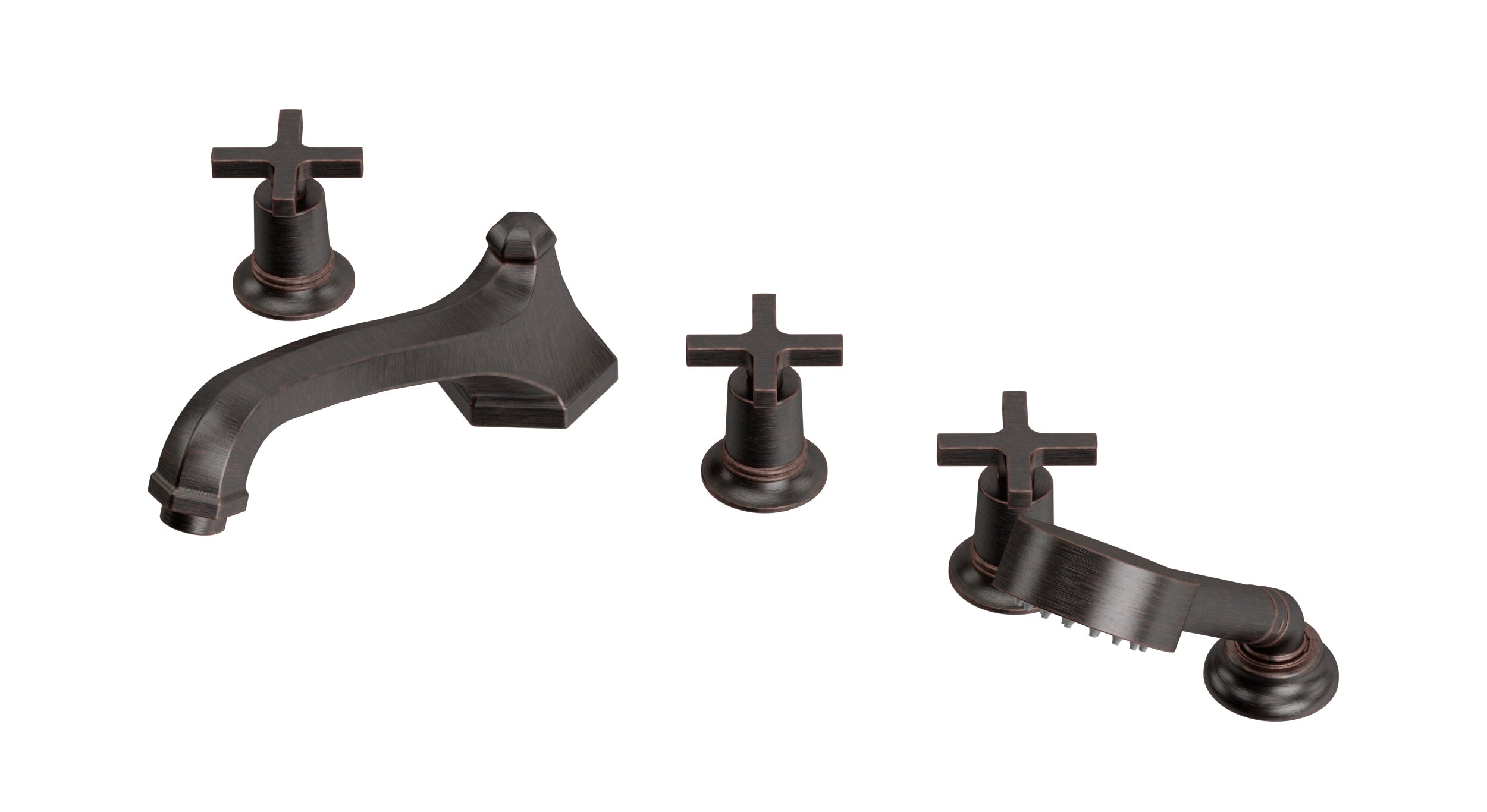 Emerson Three Handle Deck Mount Low Hexagon Bath Trim with Hand Shower and Classic Cross Handles in Antique Bronze