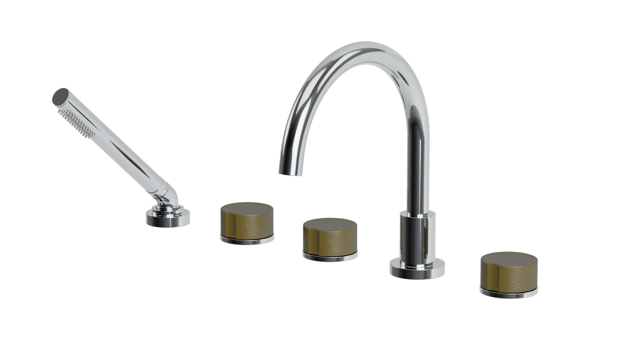 Foundry Three Handle Deck Mount Gooseneck Bath Trim with Hand Shower and Groove Ceramic Knob Handles in Polished Chrome