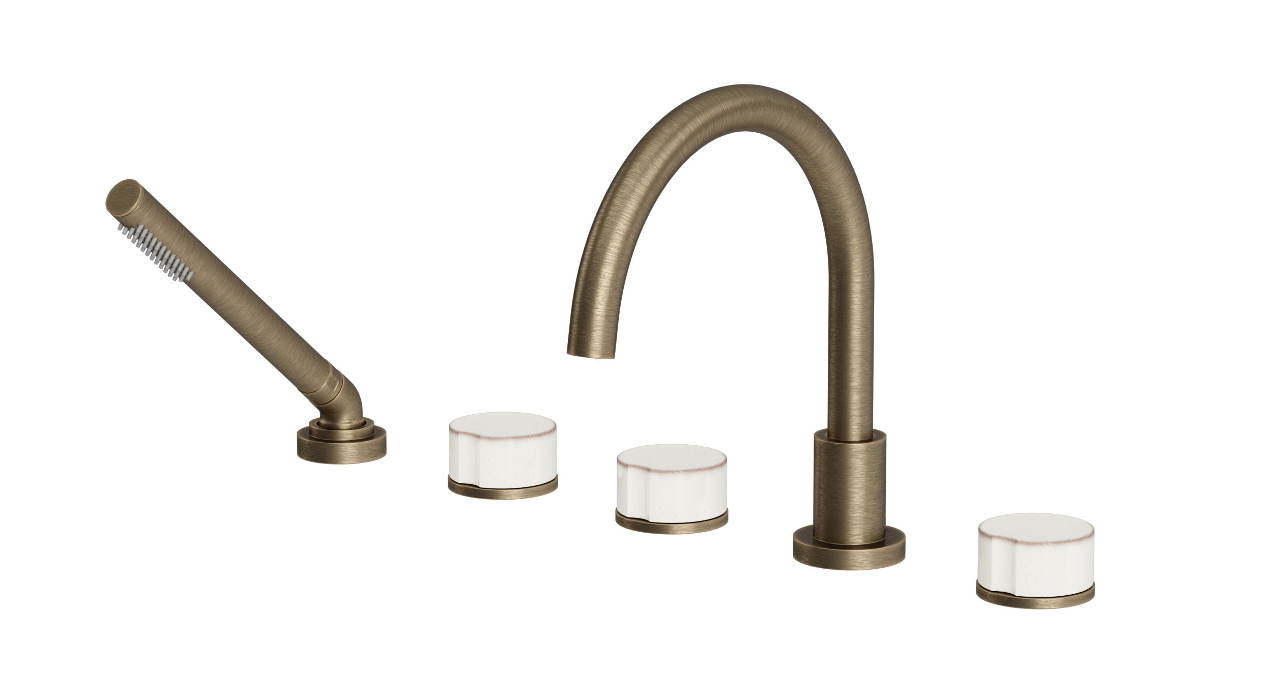 Foundry Three Handle Deck Mount Gooseneck Bath Trim with Hand Shower and Groove Ceramic Knob Handles in Antique Brass