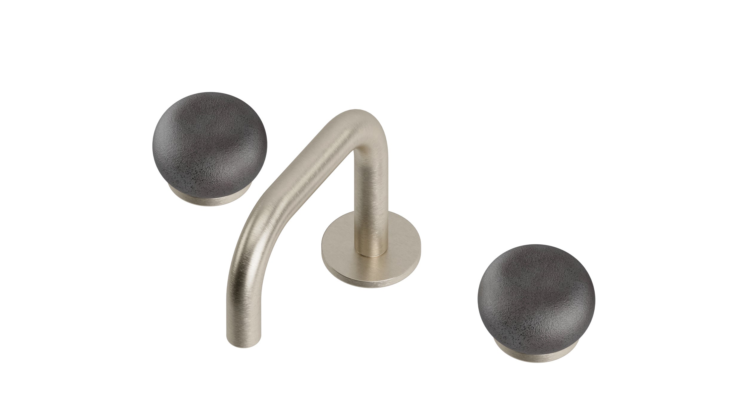 Foundry Two Handle Deck Mount Squaretop Lavatory Faucet with Pebble Ceramic Knob Handles in Satin Nickel