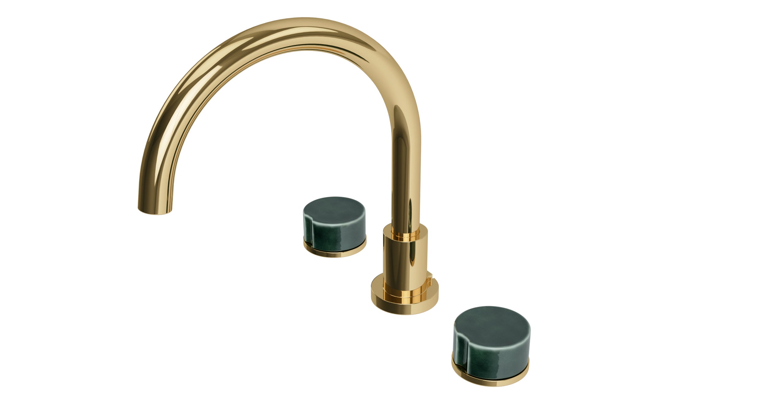 Foundry Two Handle Deck Mount Gooseneck Bath Trim with Groove Ceramic Knob Handles in Polished Brass