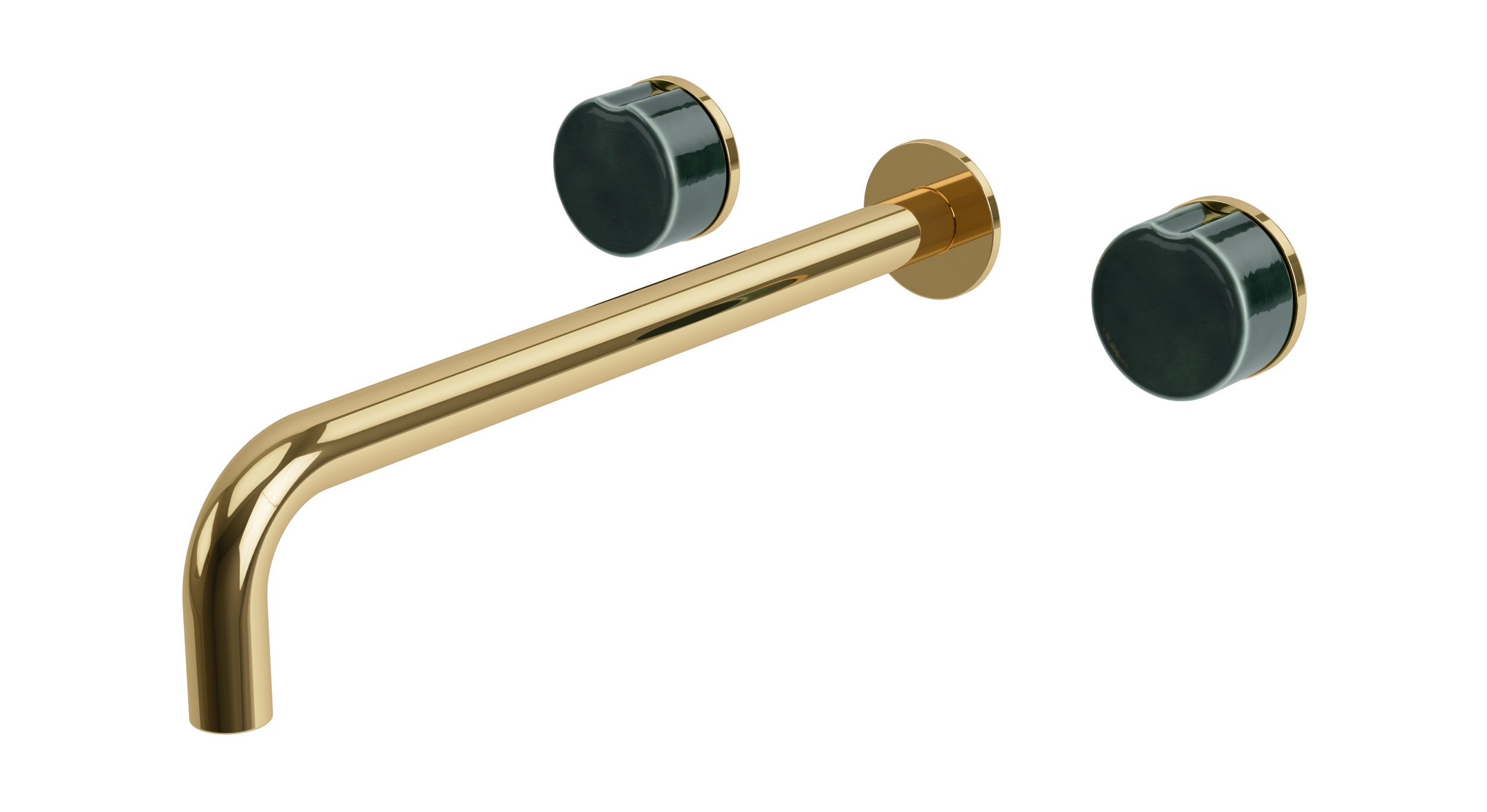 Foundry Two Handle Wall Mount 12" Lavatory Faucet with Groove Ceramic Knob Handles in Polished Brass