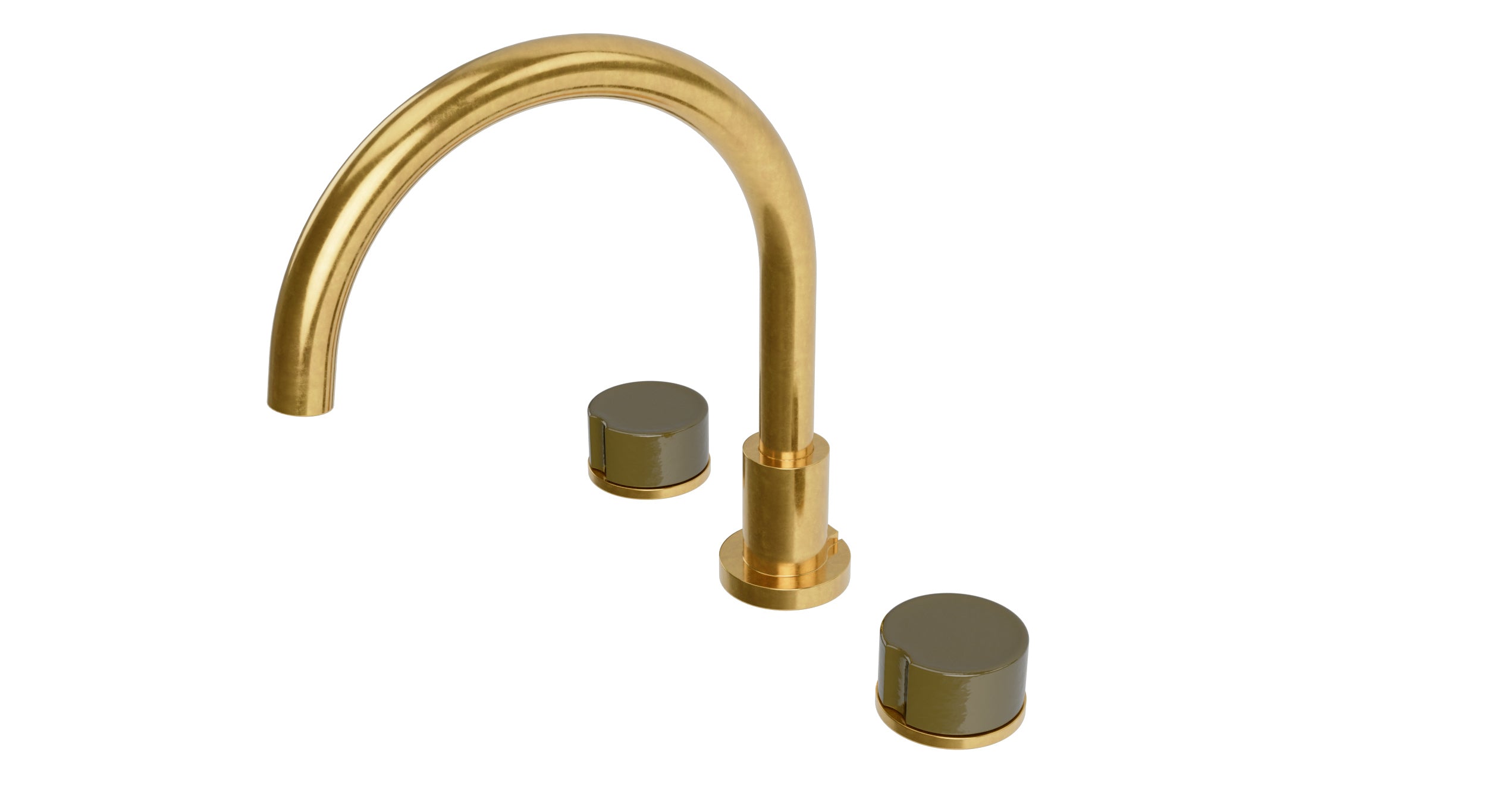 Foundry Two Handle Deck Mount Gooseneck Bath Trim with Groove Ceramic Knob Handles in French Brass