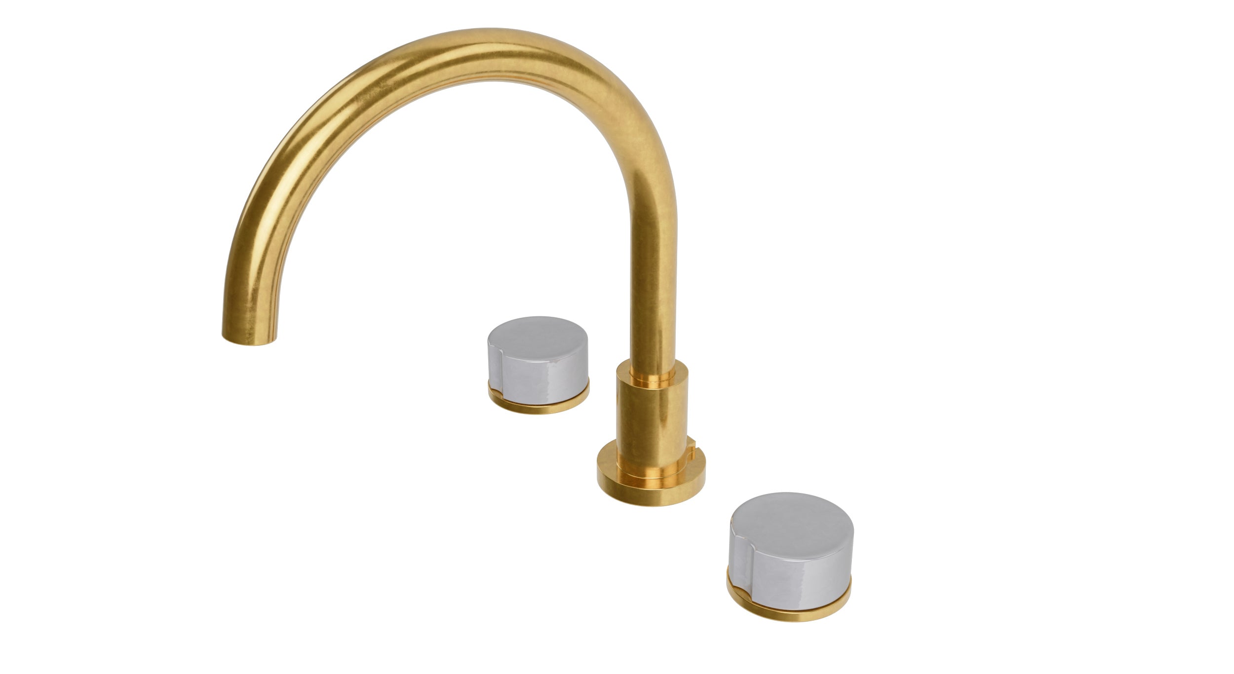 Foundry Two Handle Deck Mount Gooseneck Bath Trim with Groove Ceramic Knob Handles in French Brass
