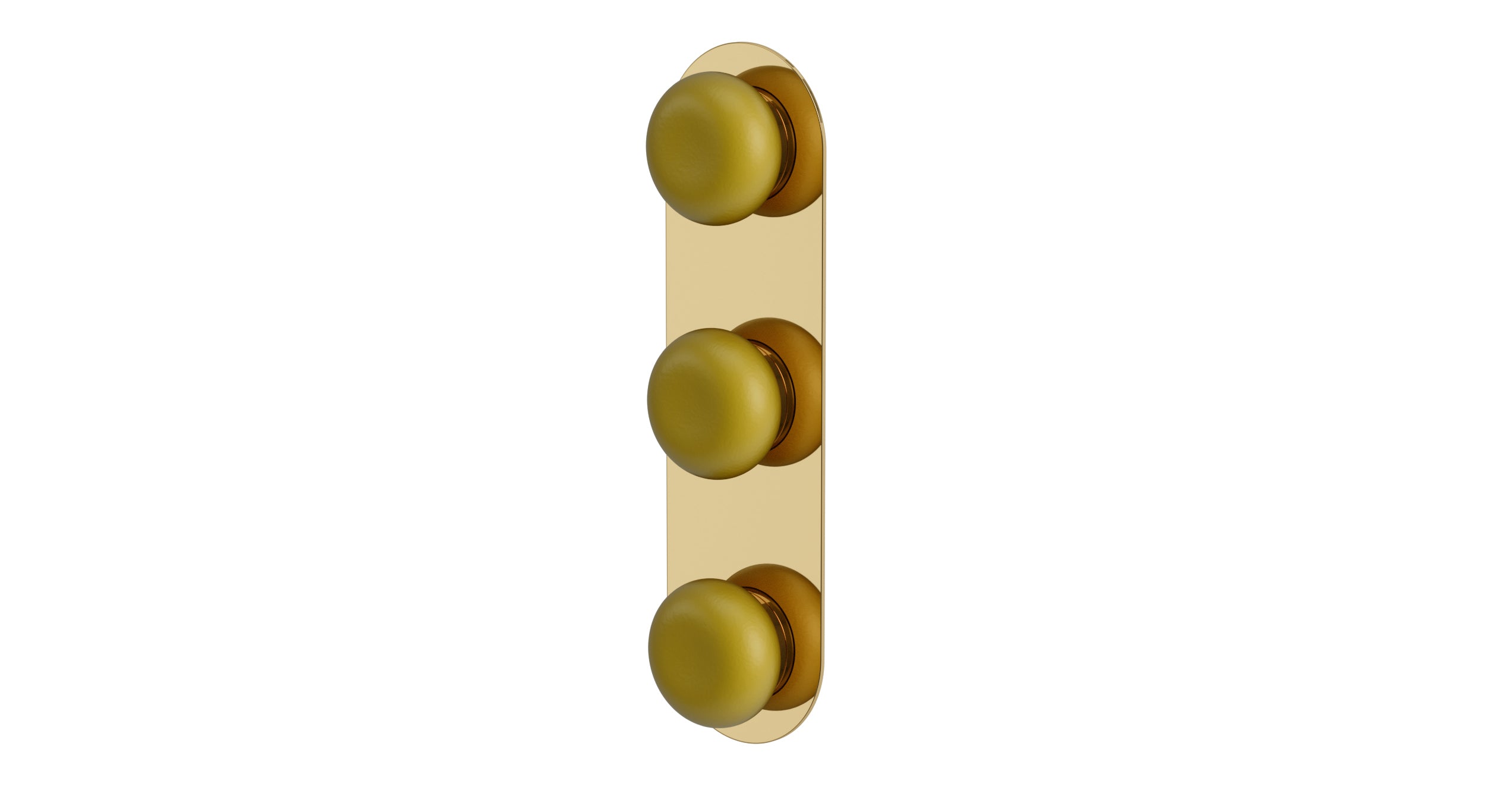 Foundry Three Handle Wall Mount Shower Trim with Pebble Ceramic Knob Handles in Polished Brass