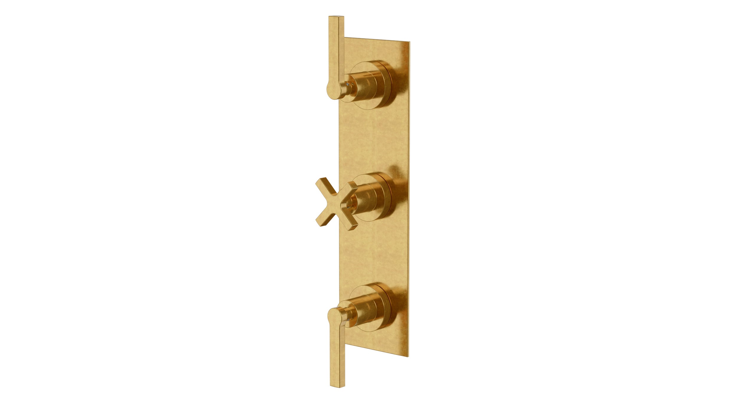 Flatiron Three Handle Wall Mount Shower Trim with Linear Cross/Linear Lever Handles in French Brass