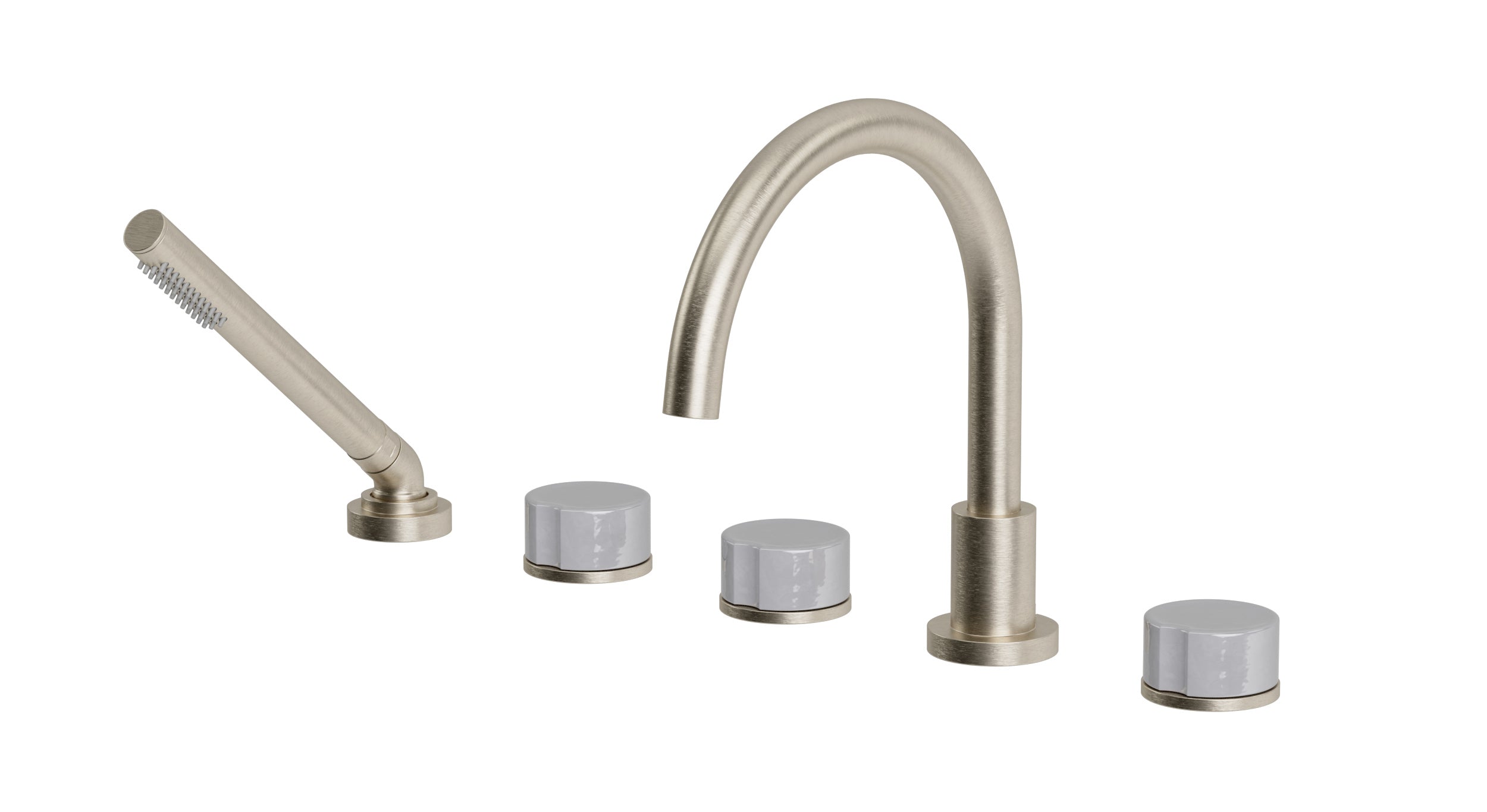 Foundry Three Handle Deck Mount Gooseneck Bath Trim with Hand Shower and Groove Ceramic Knob Handles in Satin Nickel