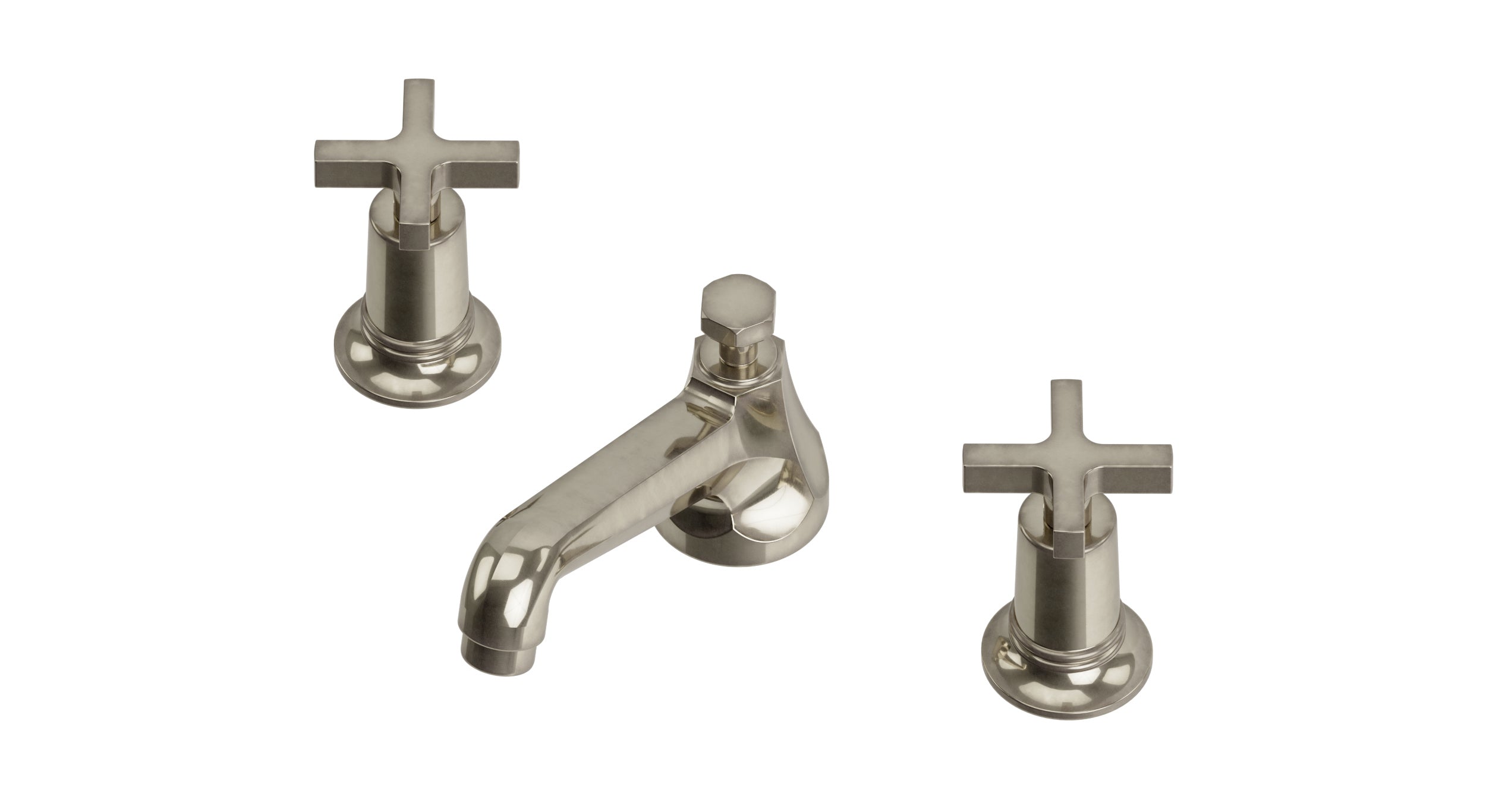 Emerson Two Handle Deck Mount Low Hexagon Lavatory Faucet with Classic Cross Handles in French Nickel