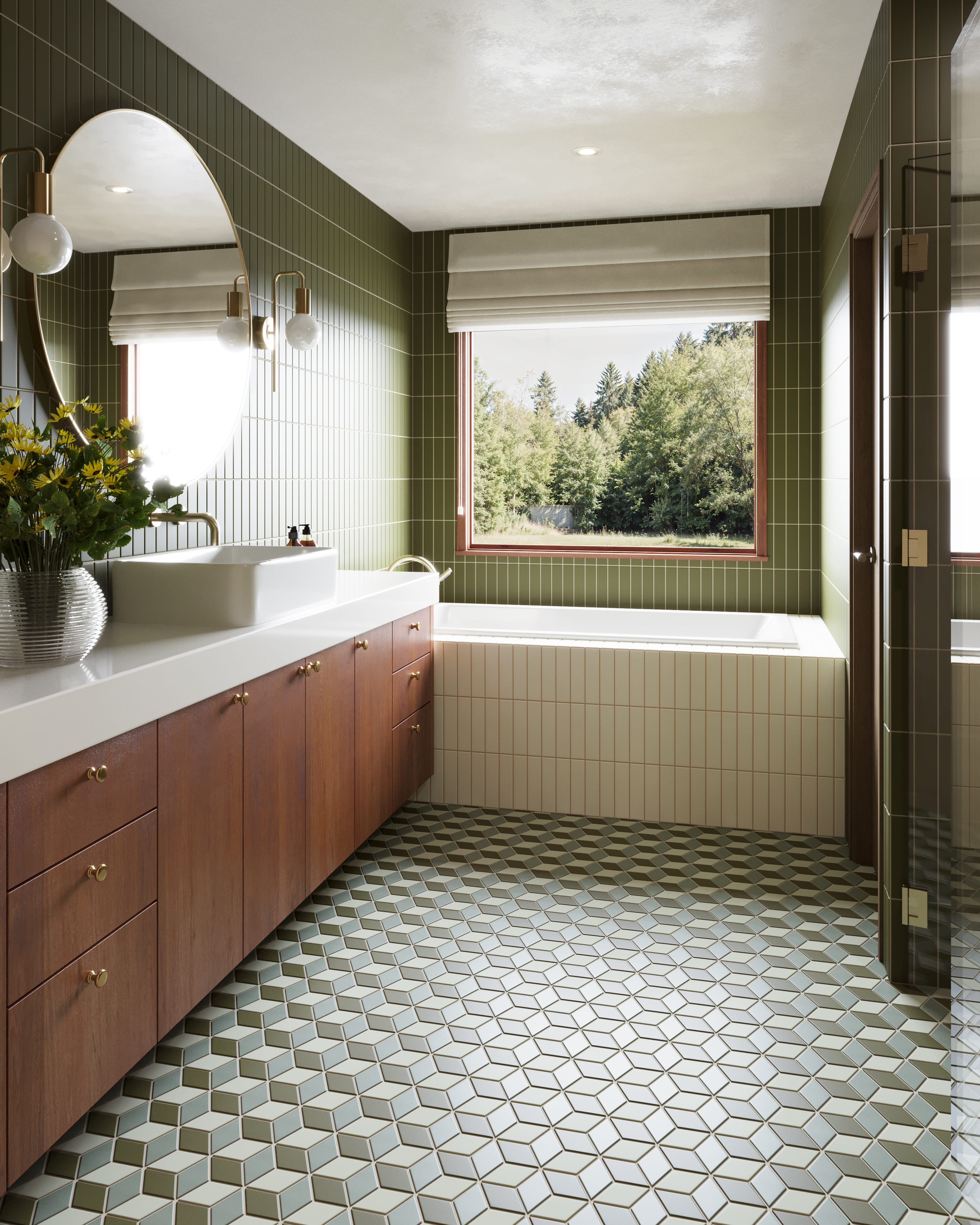 Small Diamond Escher Sheeted Original Ceramic Tile in Rosemary Matte, Limewash Matte & Bonsai Matte