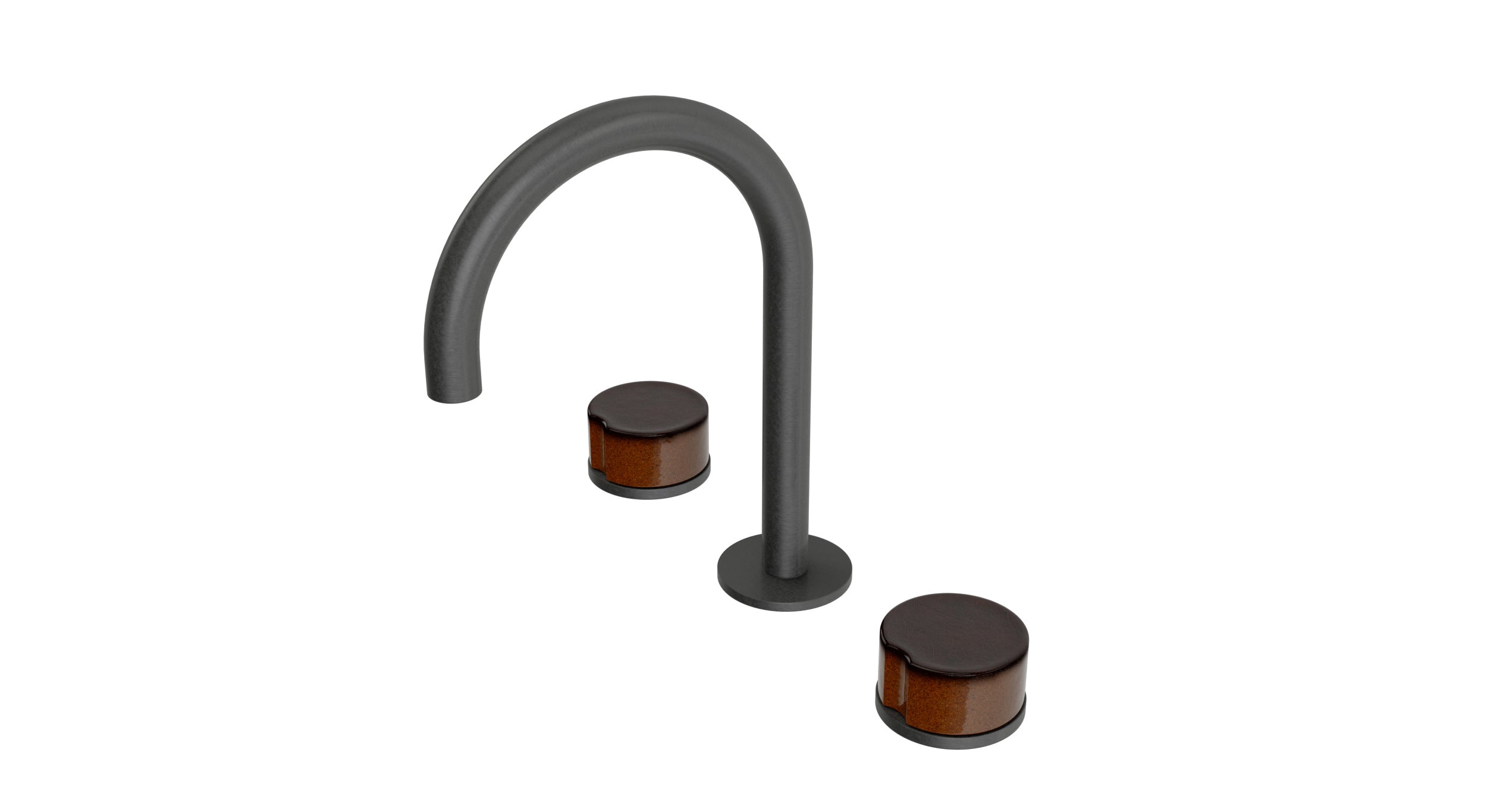 Foundry Two Handle Deck Mount Gooseneck Lavatory Faucet with Groove Ceramic Knob Handles in Blackened Nickel