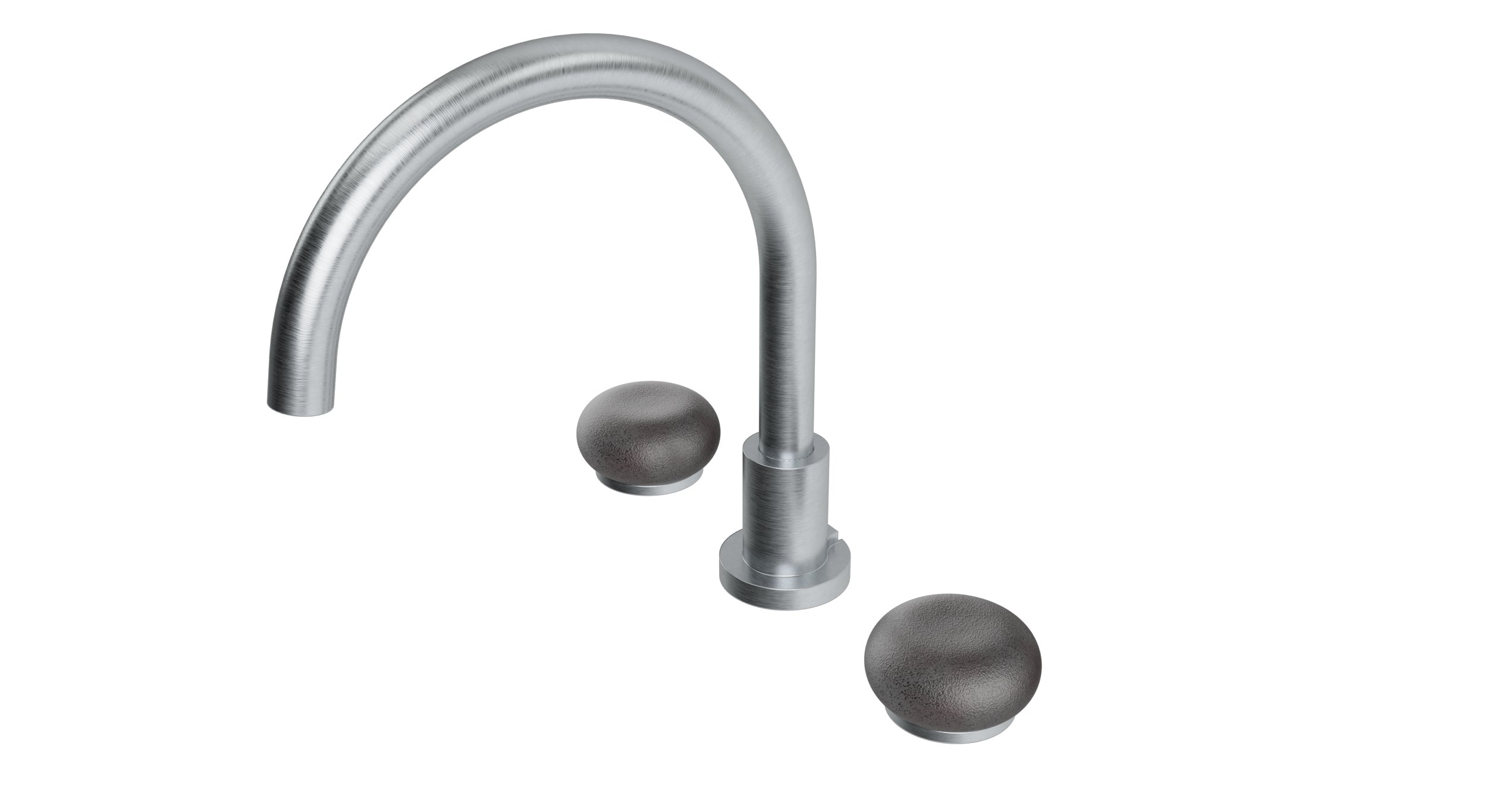 Foundry Two Handle Deck Mount Gooseneck Bath Trim with Pebble Ceramic Knob Handles in Satin Chrome