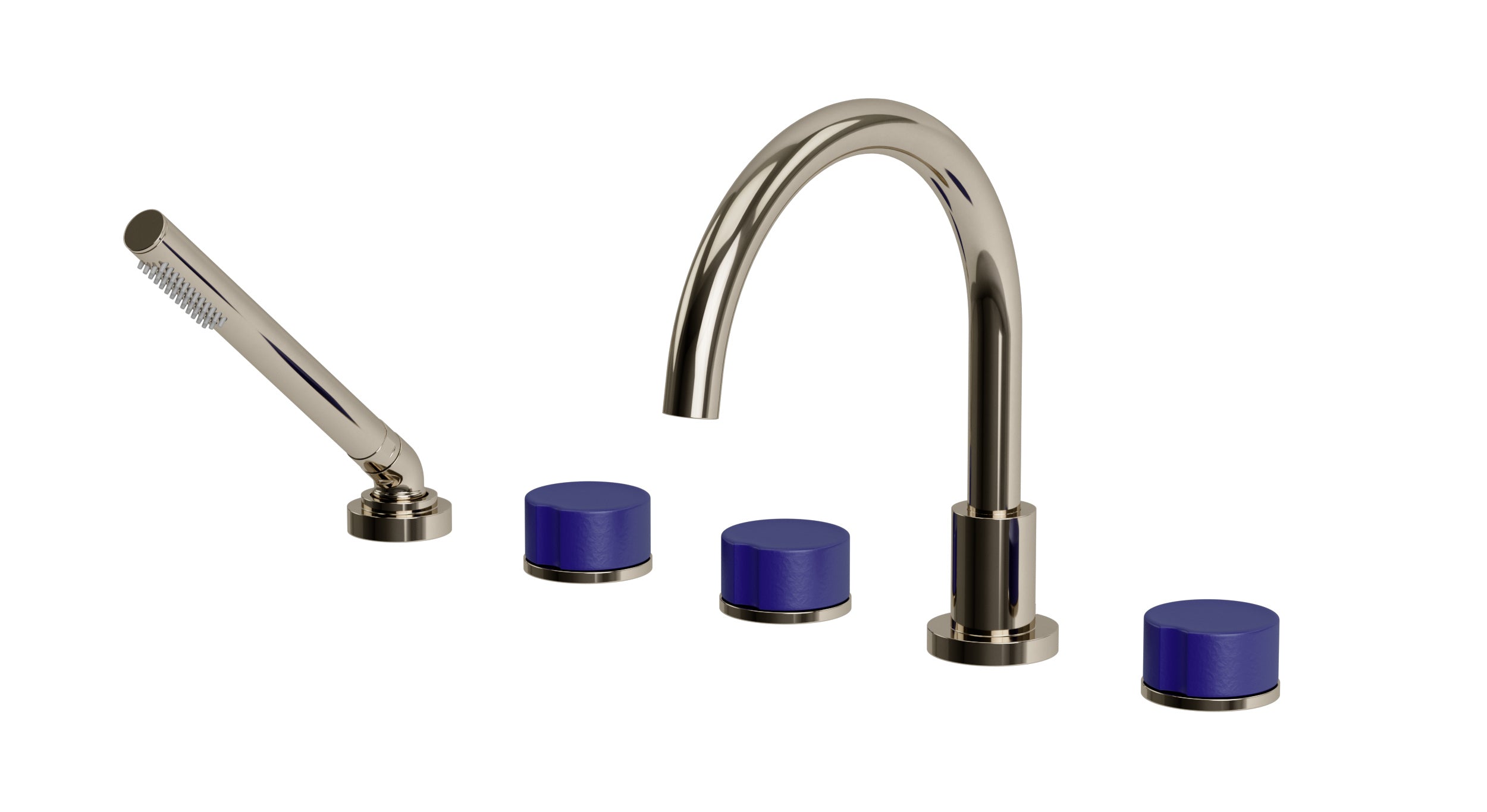 Foundry Three Handle Deck Mount Gooseneck Bath Trim with Hand Shower and Groove Ceramic Knob Handles