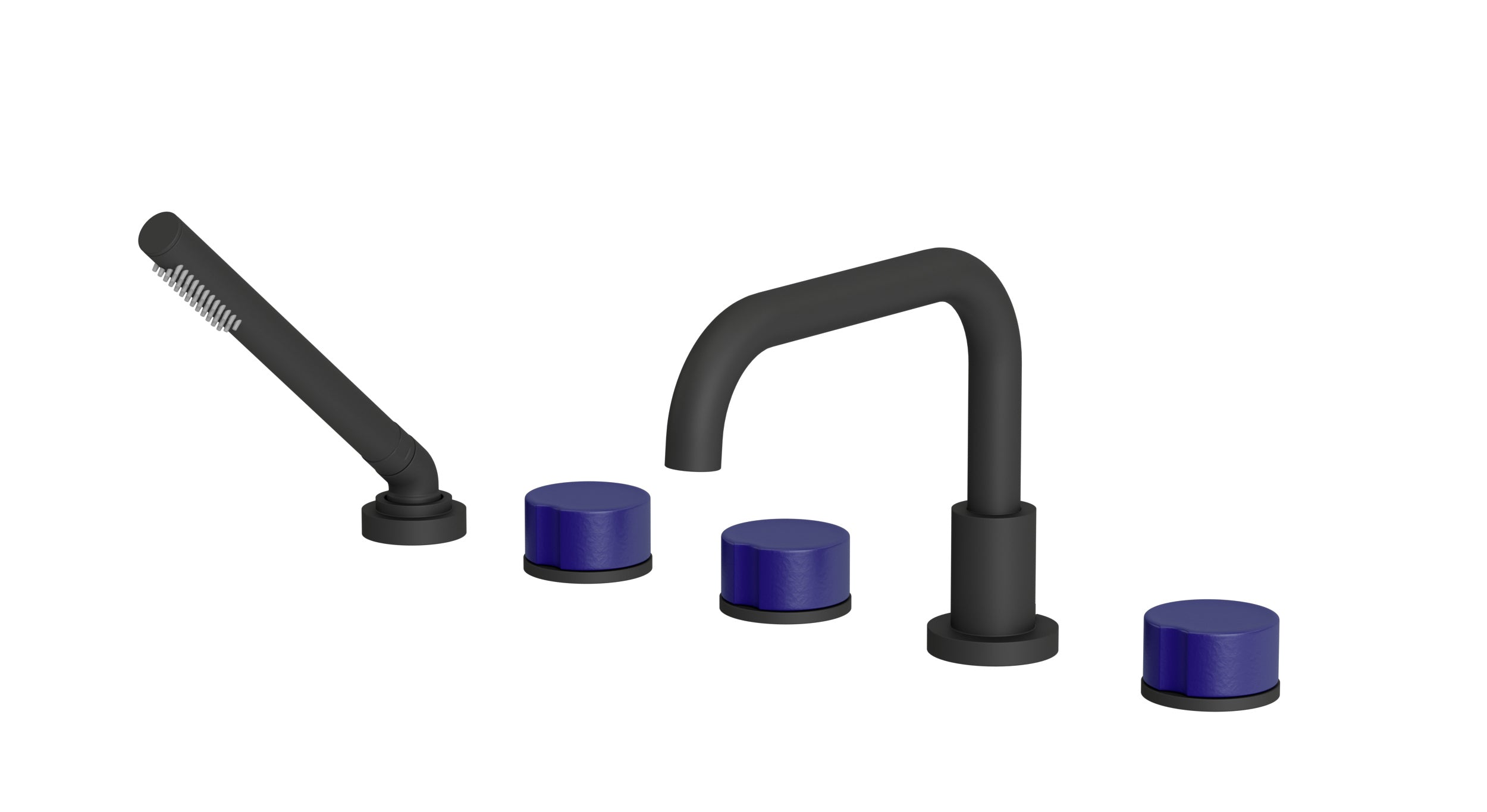 Foundry Three Handle Deck Mount Squaretop Bath Trim with Hand Shower and Groove Ceramic Knob Handles in Matte Black
