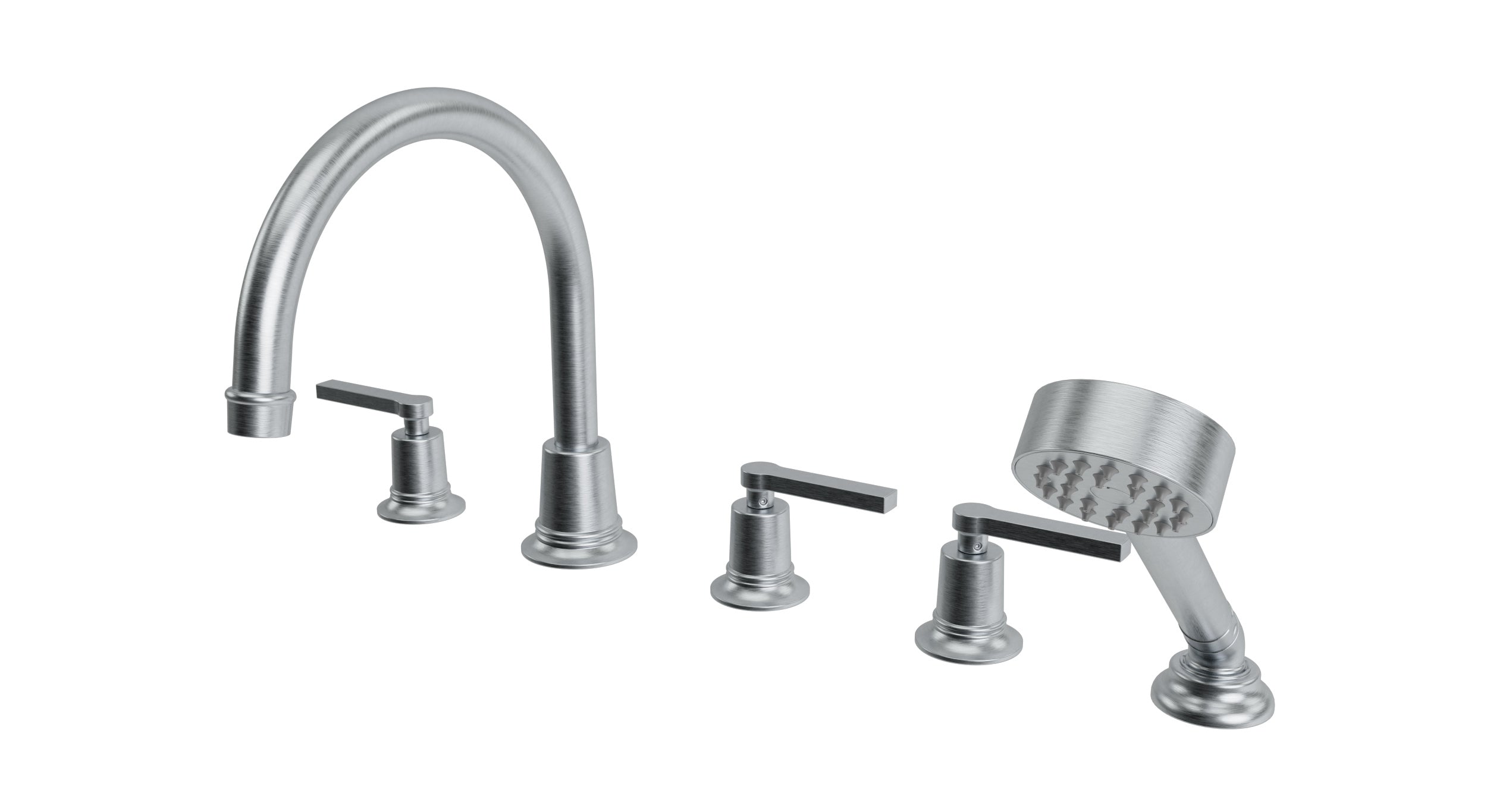 Emerson Three Handle Deck Mount Gooseneck Bath Trim with Hand Shower and Classic Lever Handles in Satin Chrome