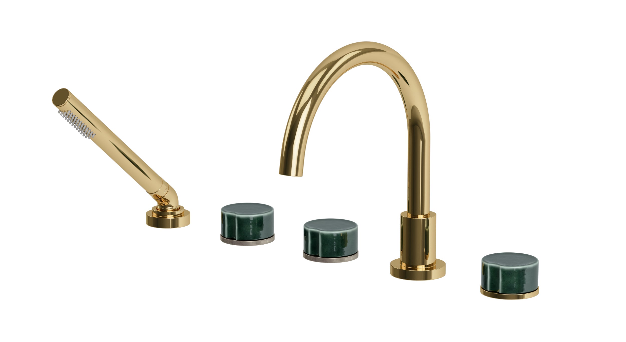 Foundry Three Handle Deck Mount Gooseneck Bath Trim with Hand Shower and Groove Ceramic Knob Handles in Polished Brass
