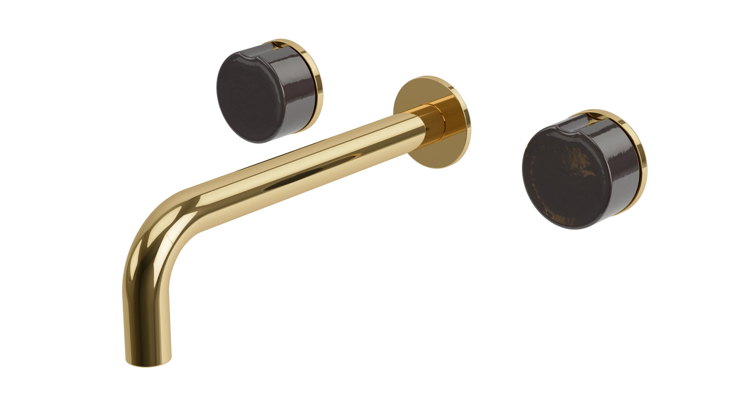 Foundry Two Handle Wall Mount 7.5" Lavatory Faucet with Groove Ceramic Knob Handles in Polished Brass