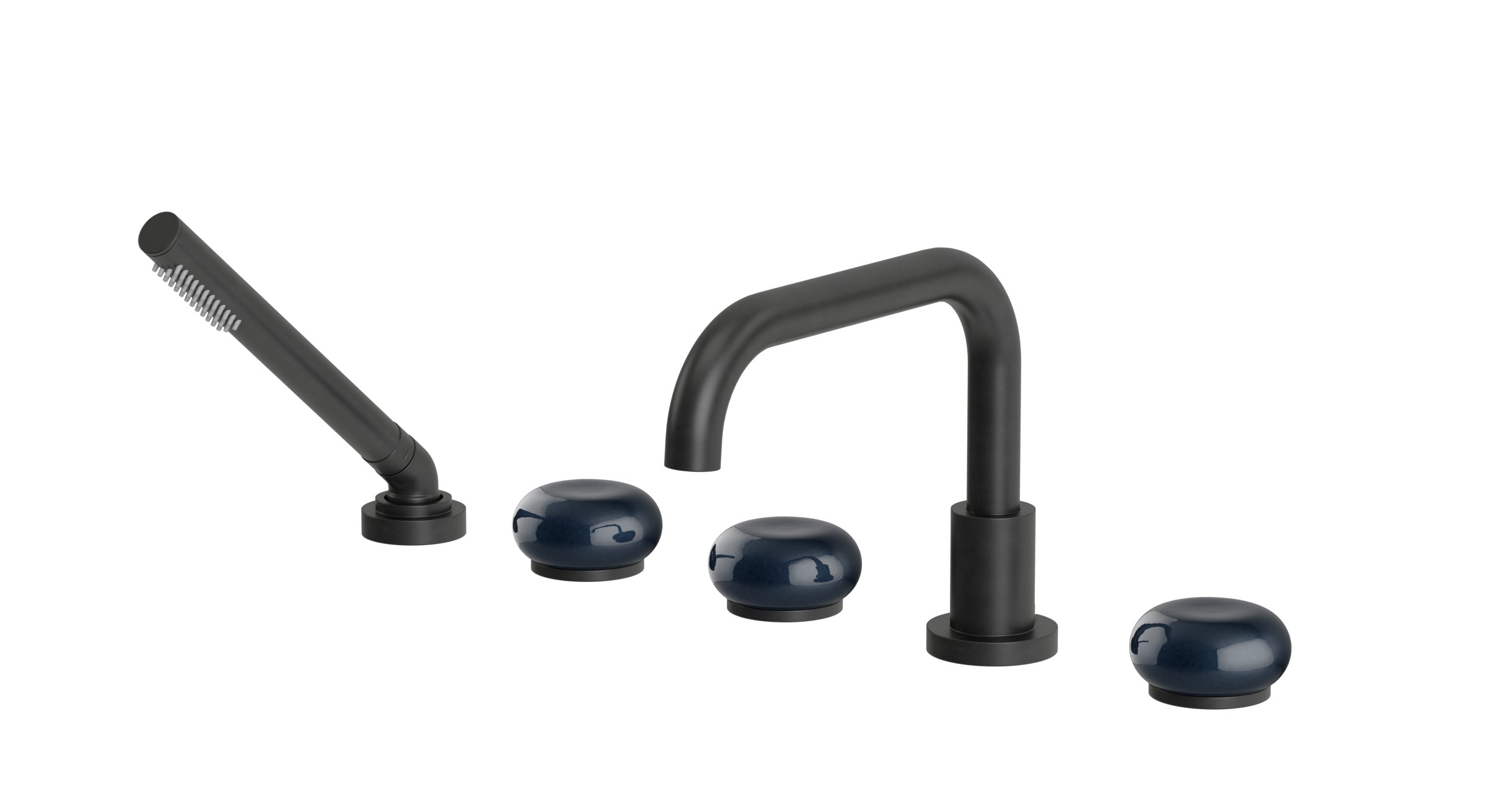Foundry Three Handle Deck Mount Squaretop Bath Trim with Hand Shower and Pebble Ceramic Knob Handles in Oil Rubbed Bronze
