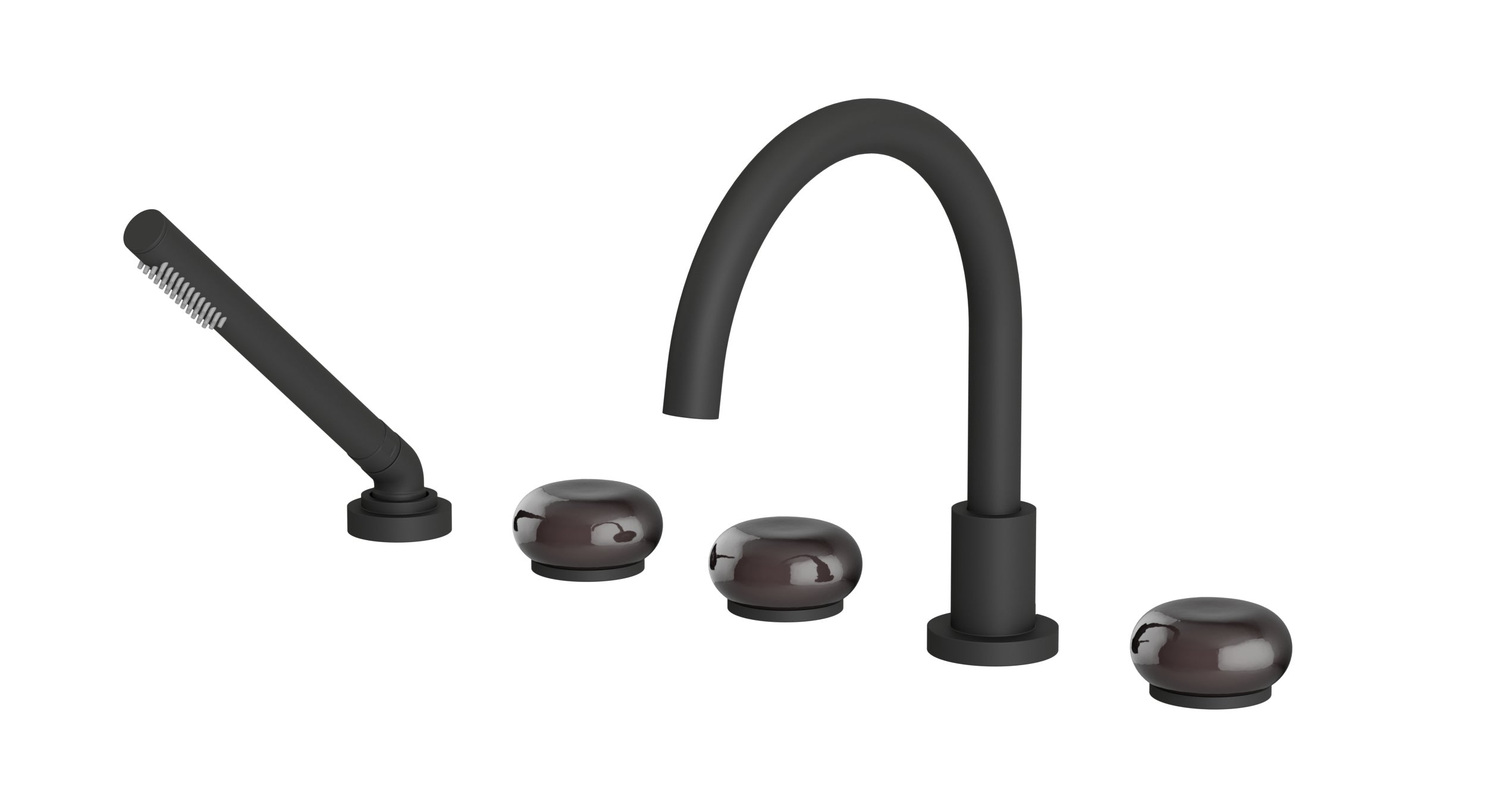 Foundry Three Handle Deck Mount Gooseneck Bath Trim with Hand Shower and Pebble Ceramic Knob Handles in Matte Black