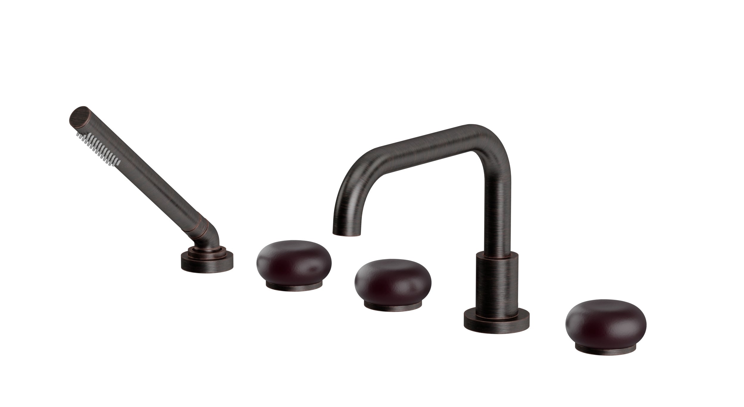 Foundry Three Handle Deck Mount Squaretop Bath Trim with Hand Shower and Pebble Ceramic Knob Handles in Antique Bronze