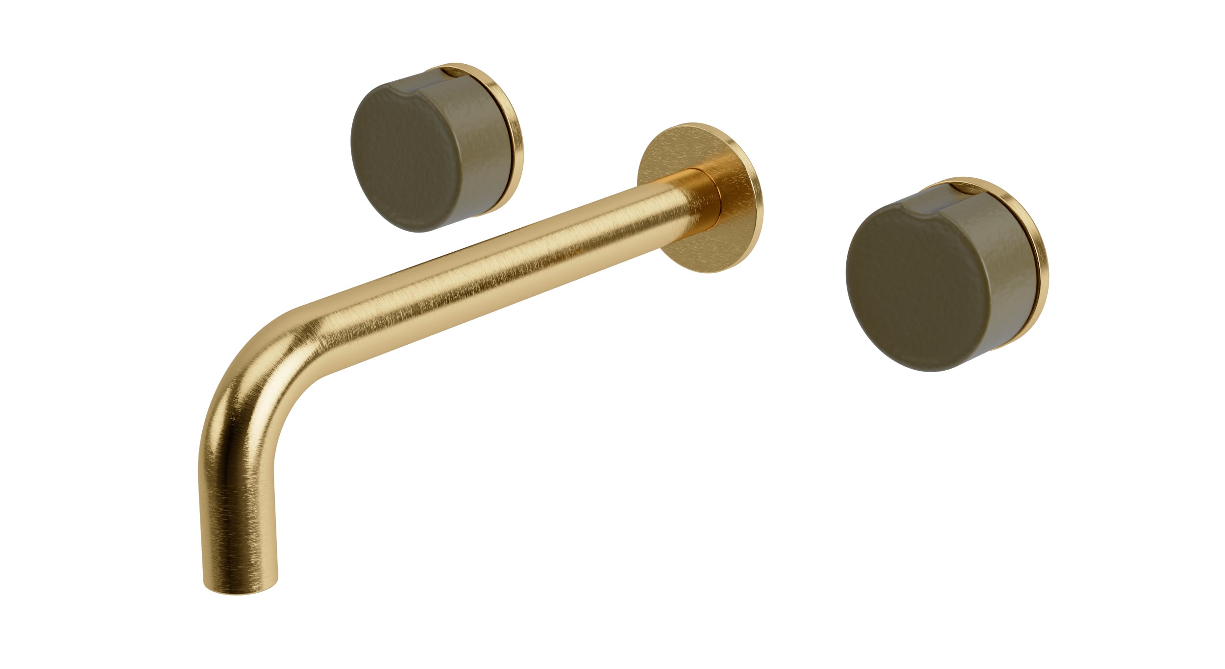 Foundry Two Handle Wall Mount 7.5" Lavatory Faucet with Groove Ceramic Knob Handles in Satin Brass