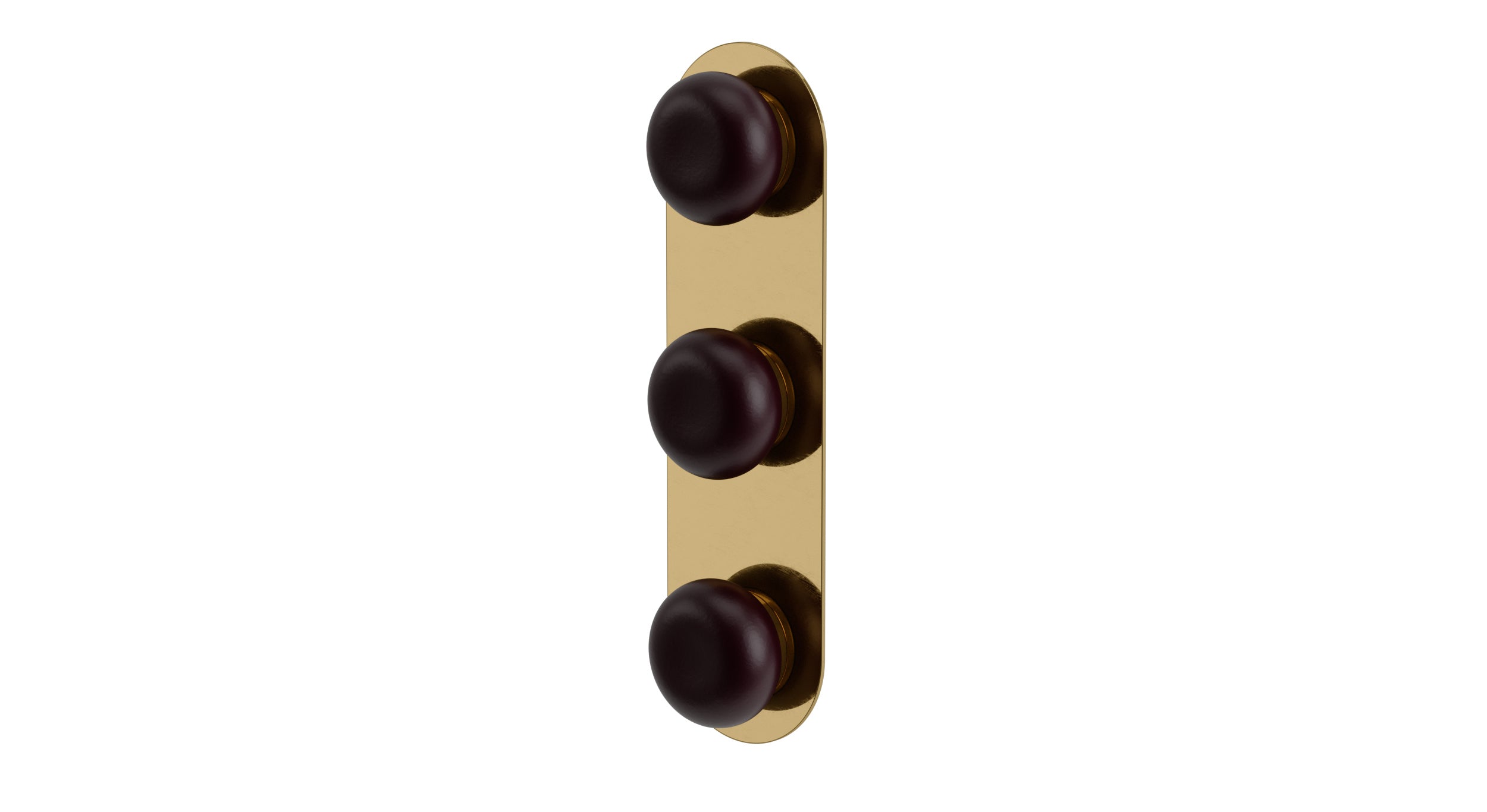Foundry Three Handle Wall Mount Shower Trim with Pebble Ceramic Knob Handles in Uncoated Polished Brass